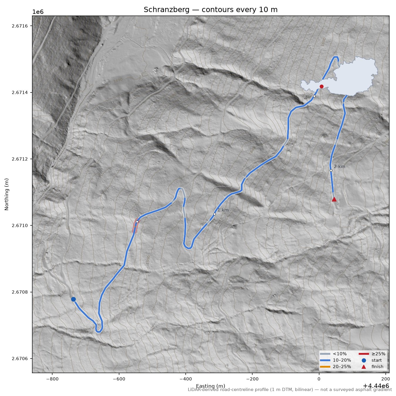 Schranzberg LiDAR hillshade map with contours
