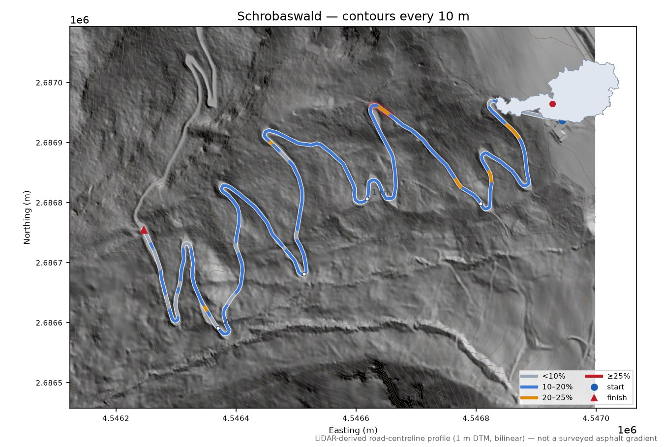 Schrobaswald LiDAR hillshade map with contours