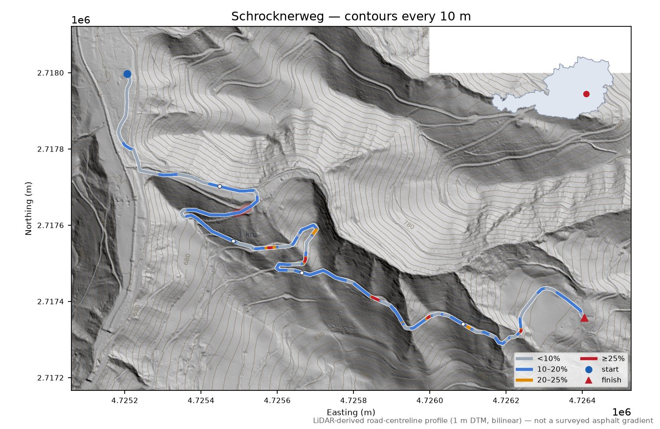 Schrocknerweg LiDAR hillshade map with contours