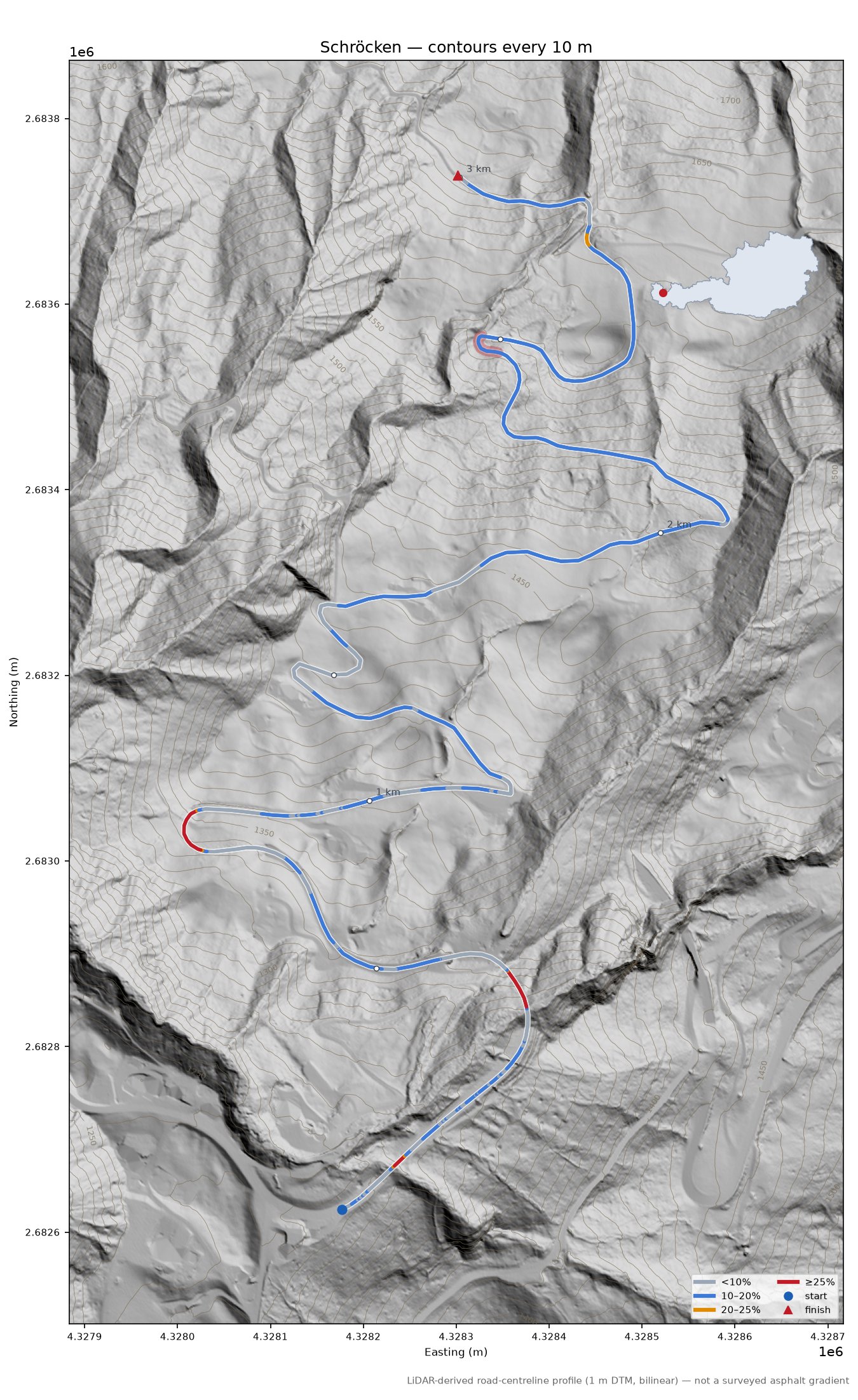 Schröcken LiDAR hillshade map with contours