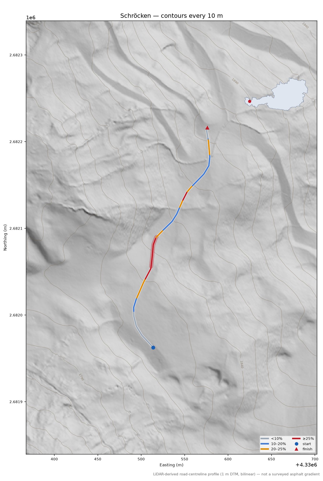 Schröcken LiDAR hillshade map with contours
