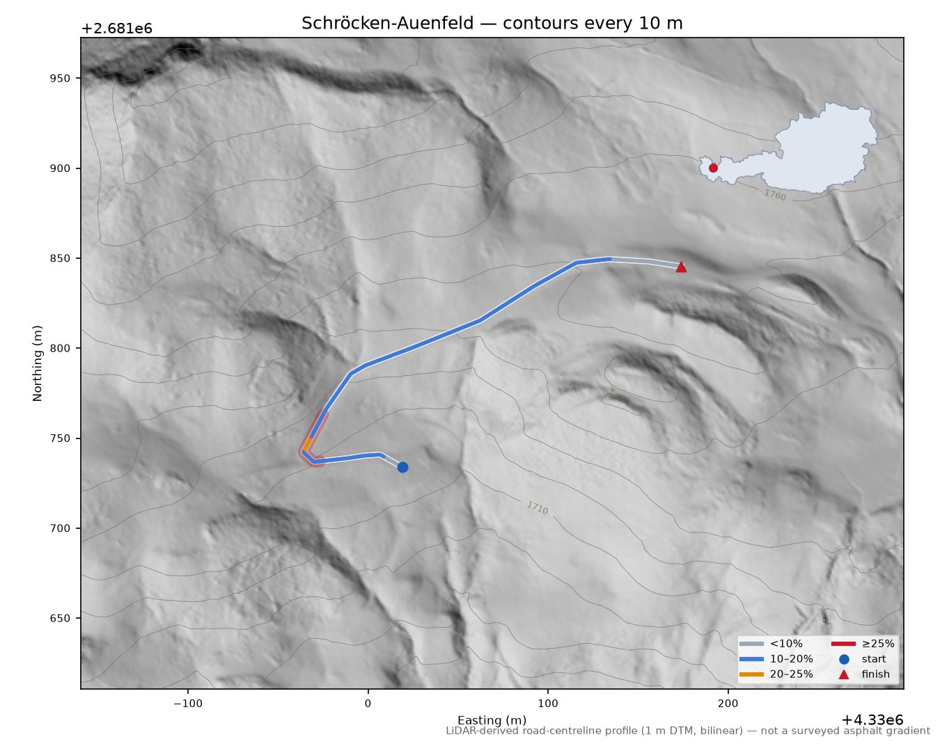 Schröcken-Auenfeld LiDAR hillshade map with contours