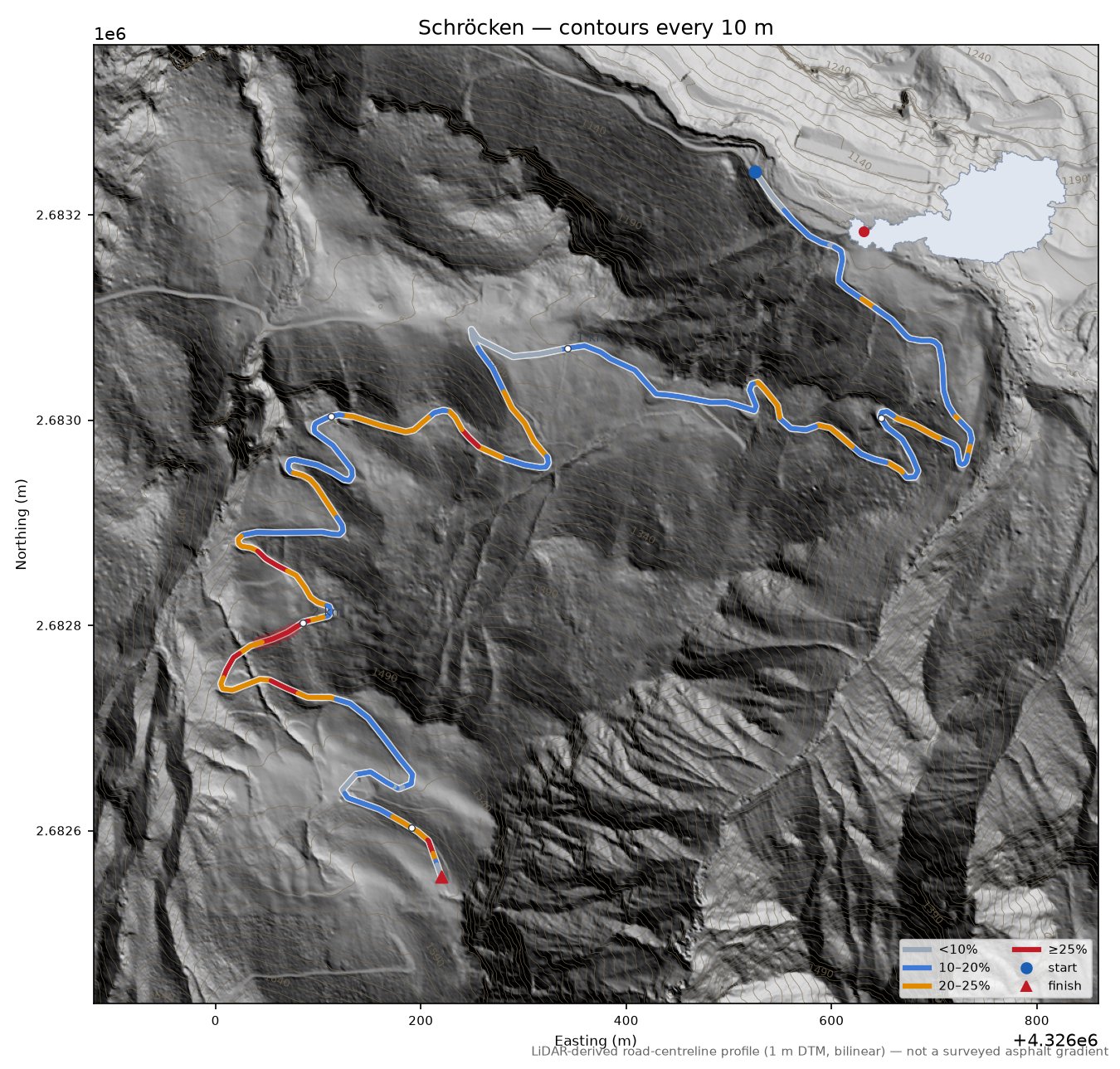 Schröcken LiDAR hillshade map with contours