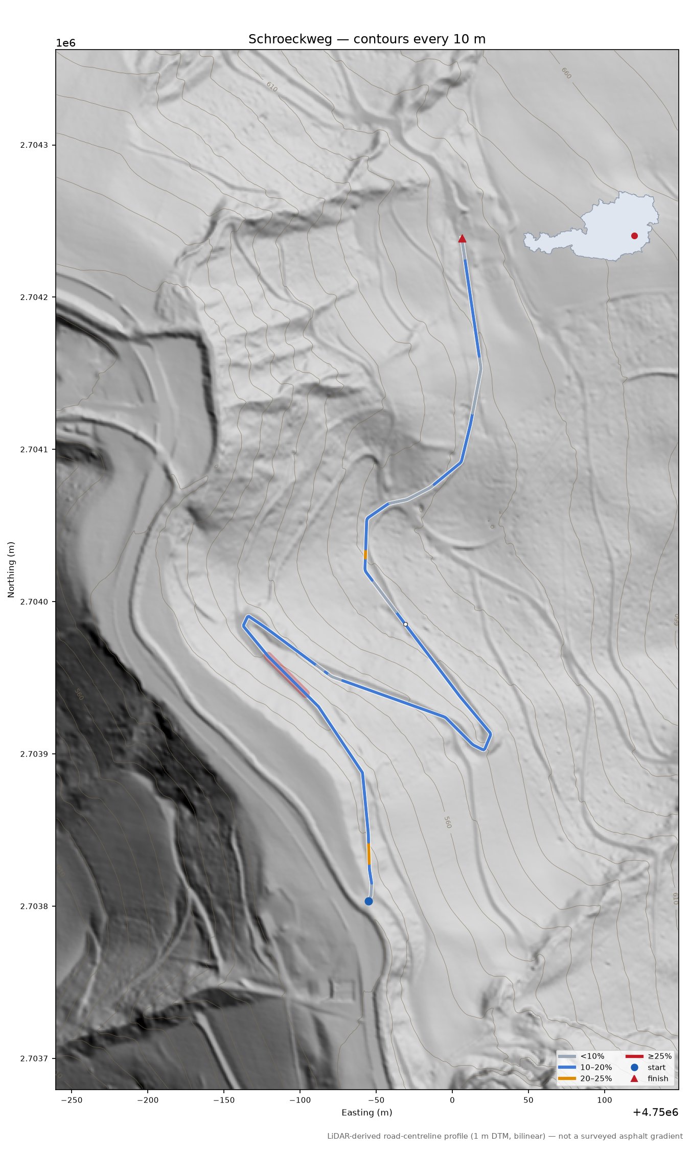 Schroeckweg LiDAR hillshade map with contours