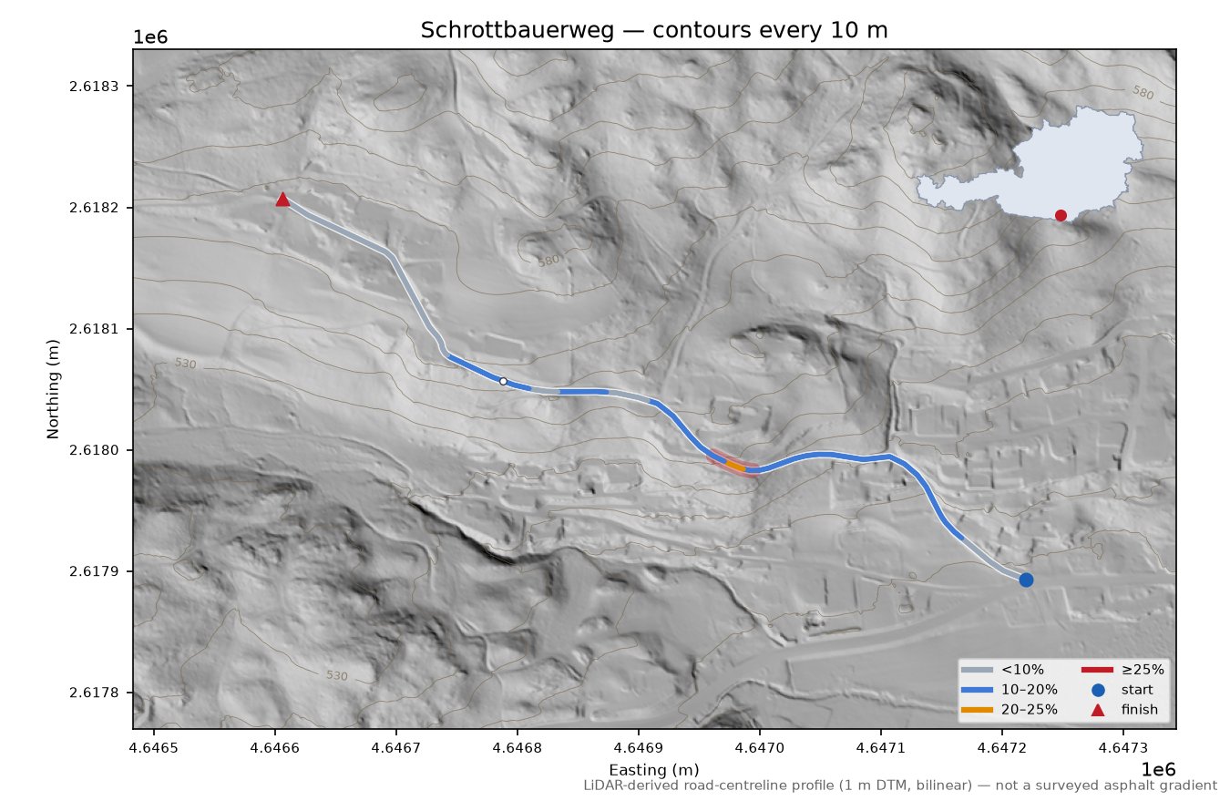 Schrottbauerweg LiDAR hillshade map with contours