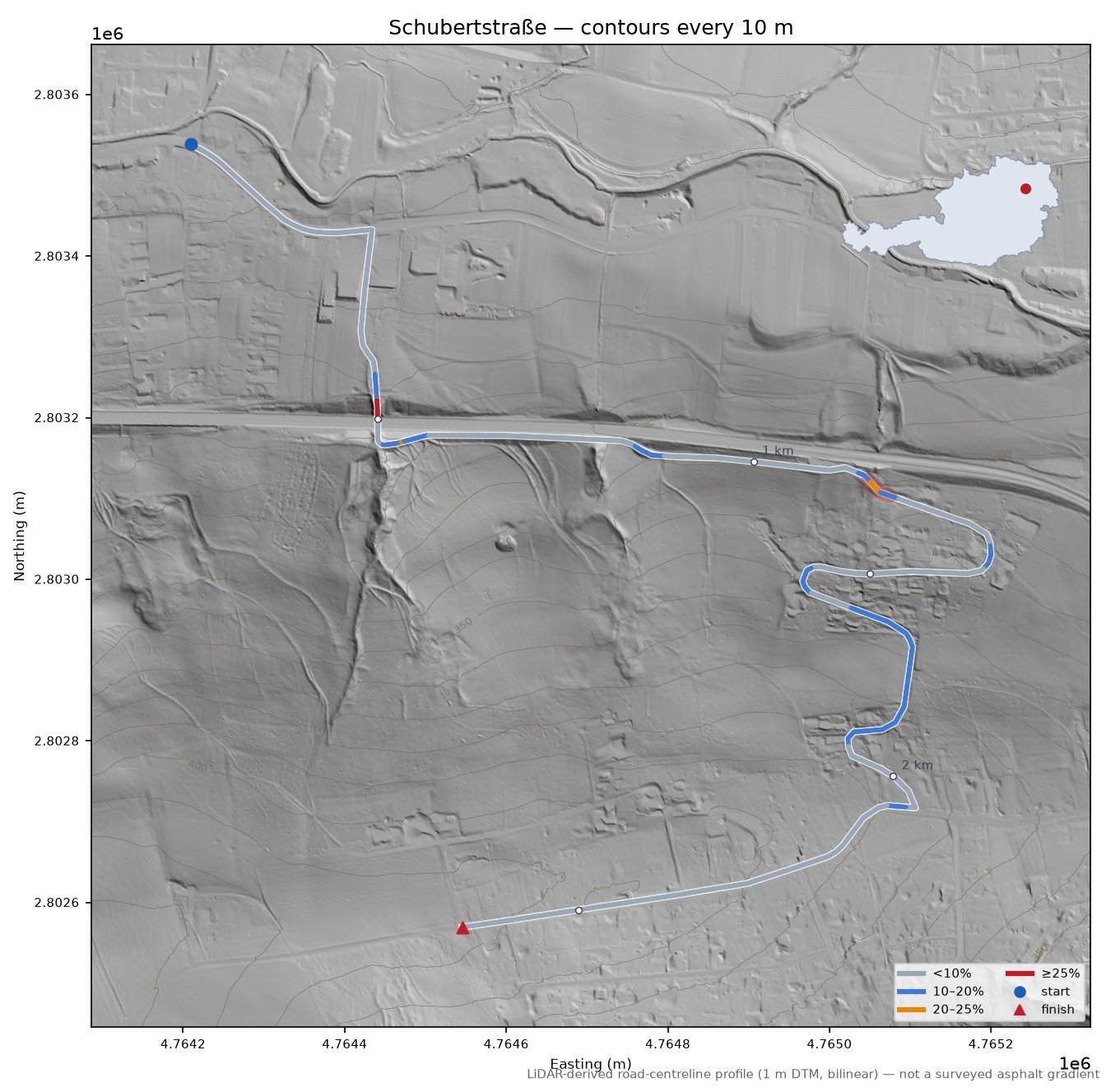Schubertstraße LiDAR hillshade map with contours