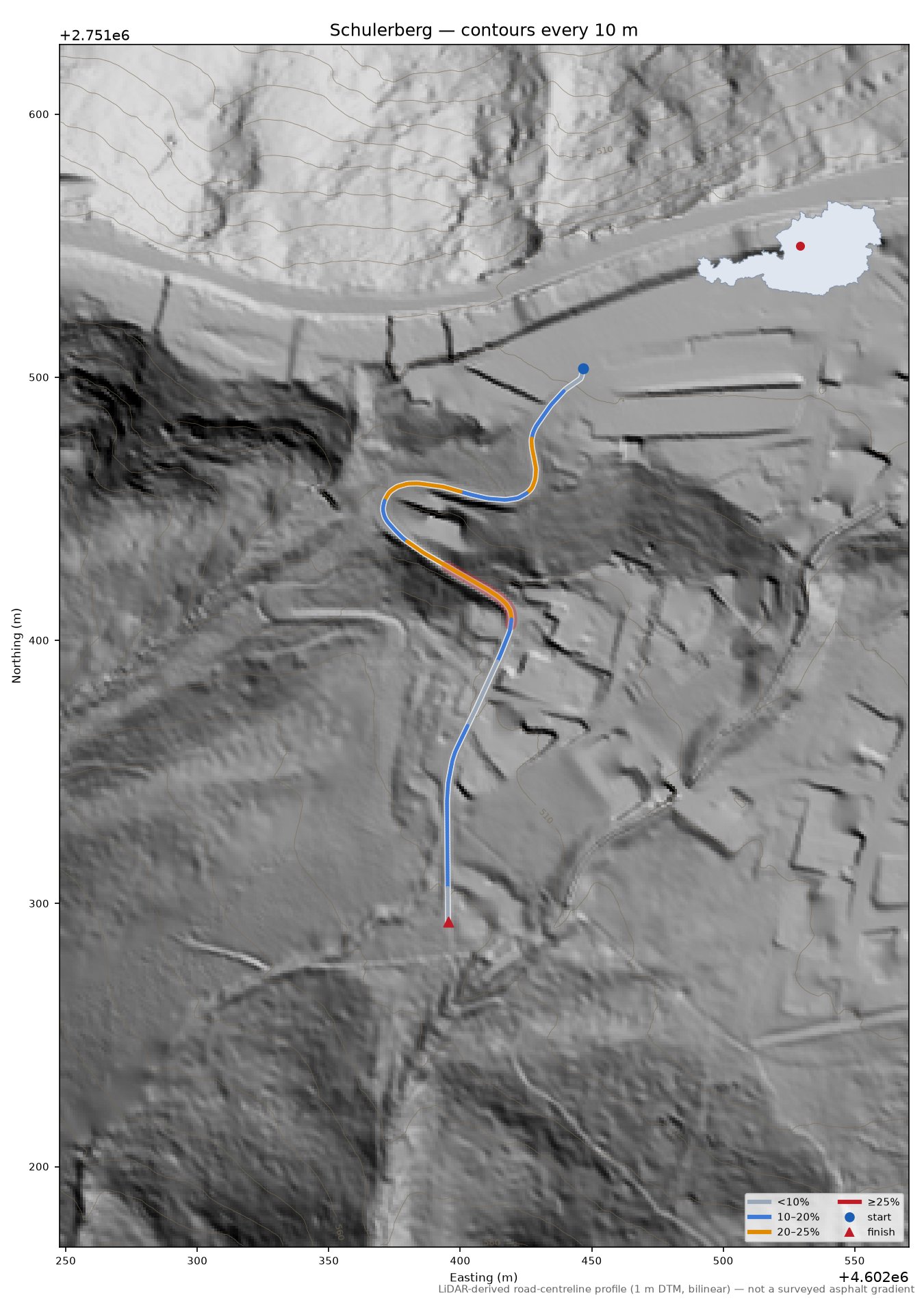 Schulerberg LiDAR hillshade map with contours