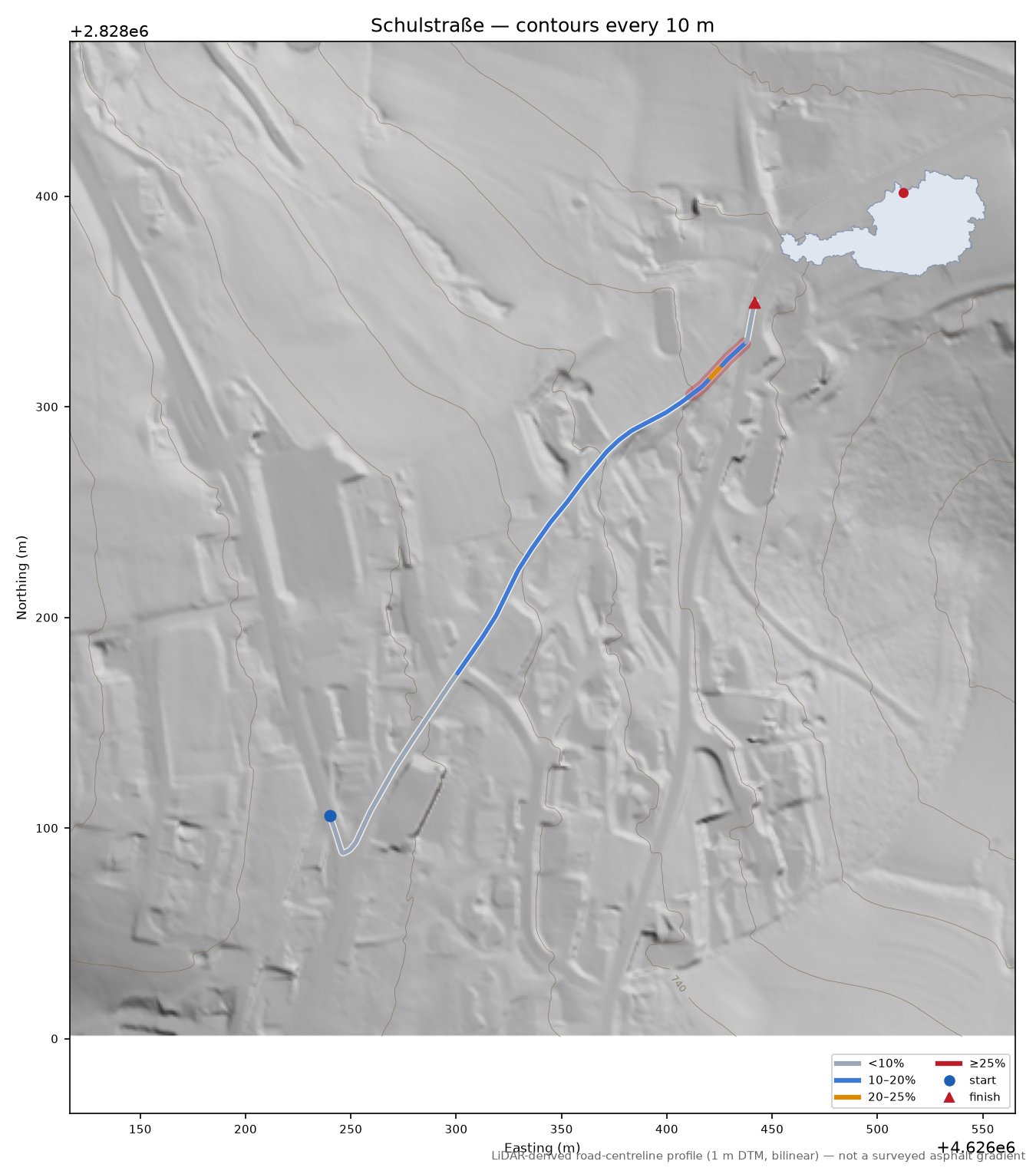 Schulstraße LiDAR hillshade map with contours