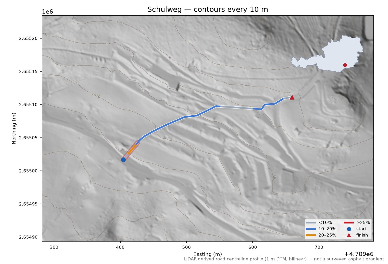 Schulweg LiDAR hillshade map with contours