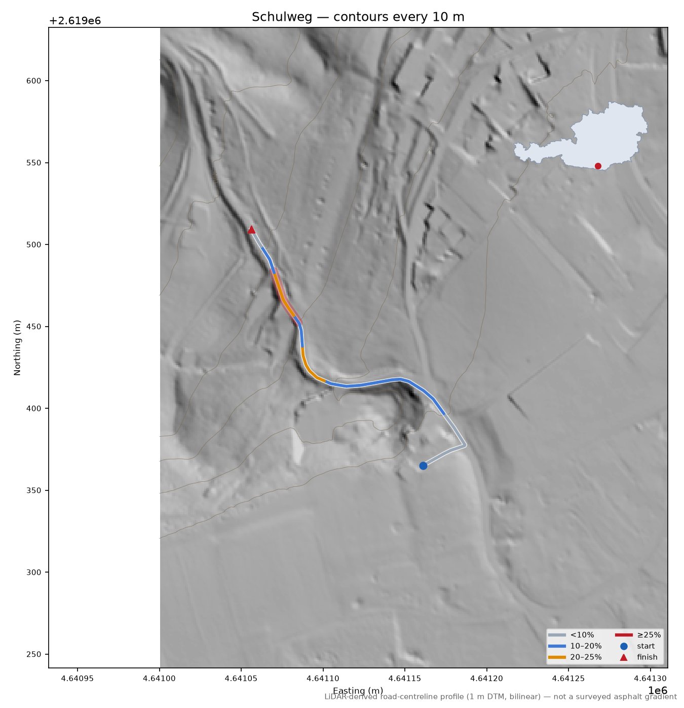 Schulweg LiDAR hillshade map with contours