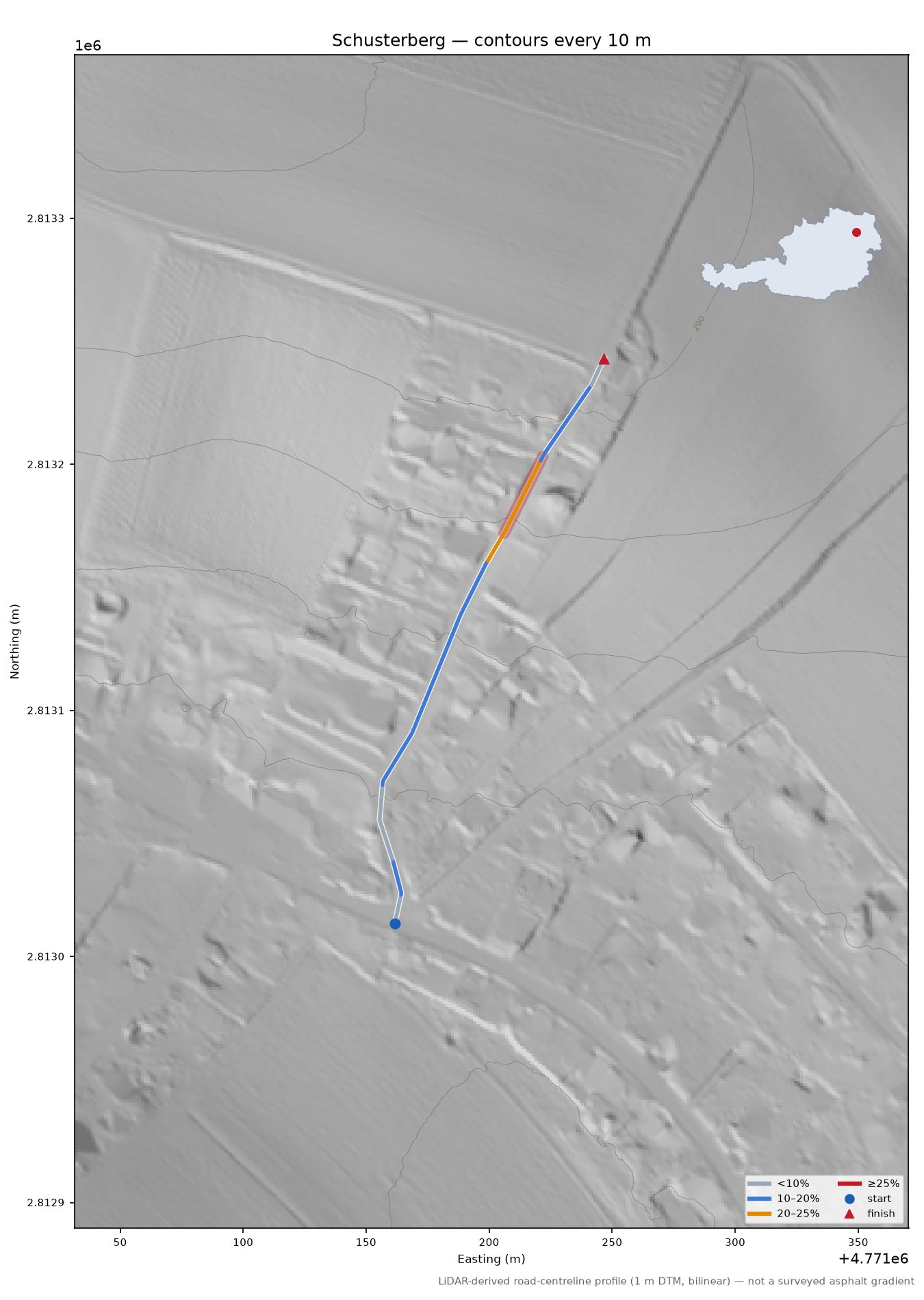 Schusterberg LiDAR hillshade map with contours