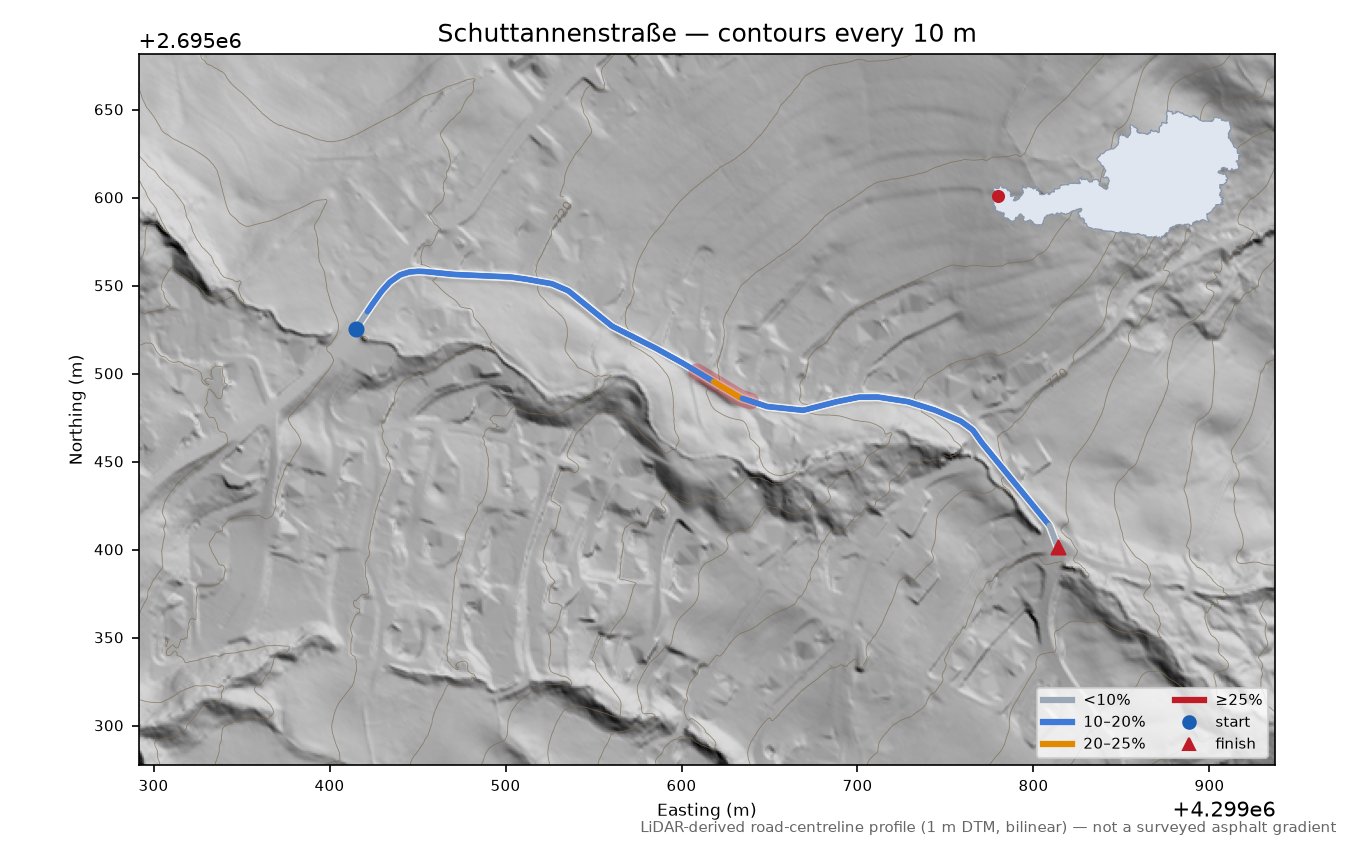 Schuttannenstraße LiDAR hillshade map with contours