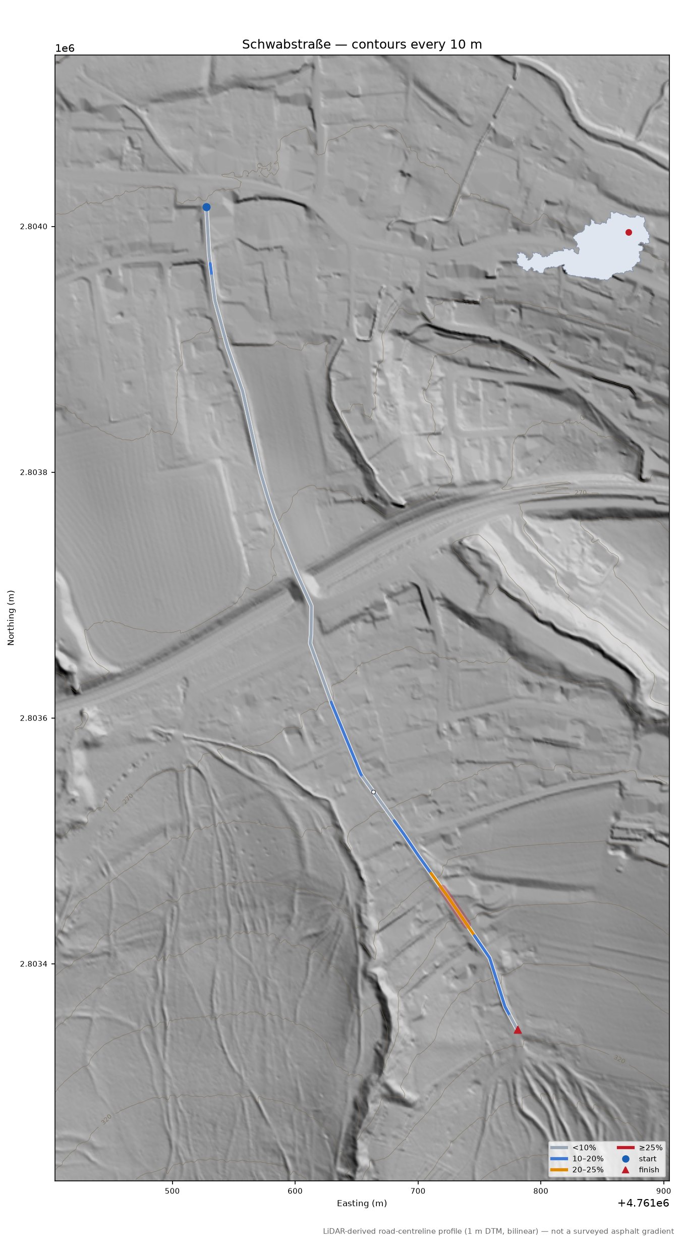 Schwabstraße LiDAR hillshade map with contours