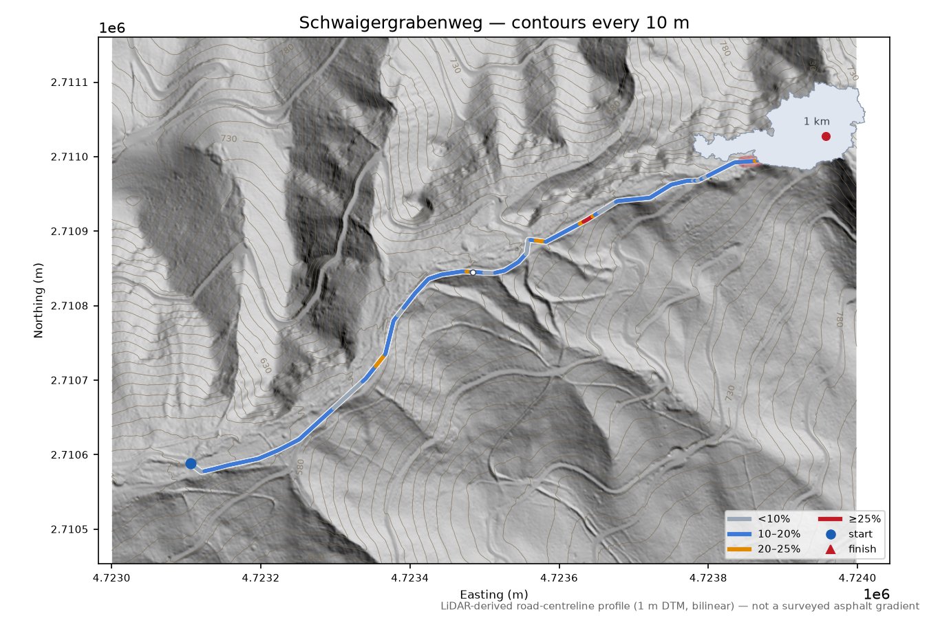 Schwaigergrabenweg LiDAR hillshade map with contours