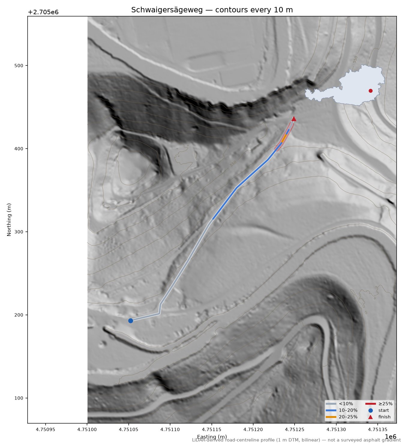 Schwaigersägeweg LiDAR hillshade map with contours