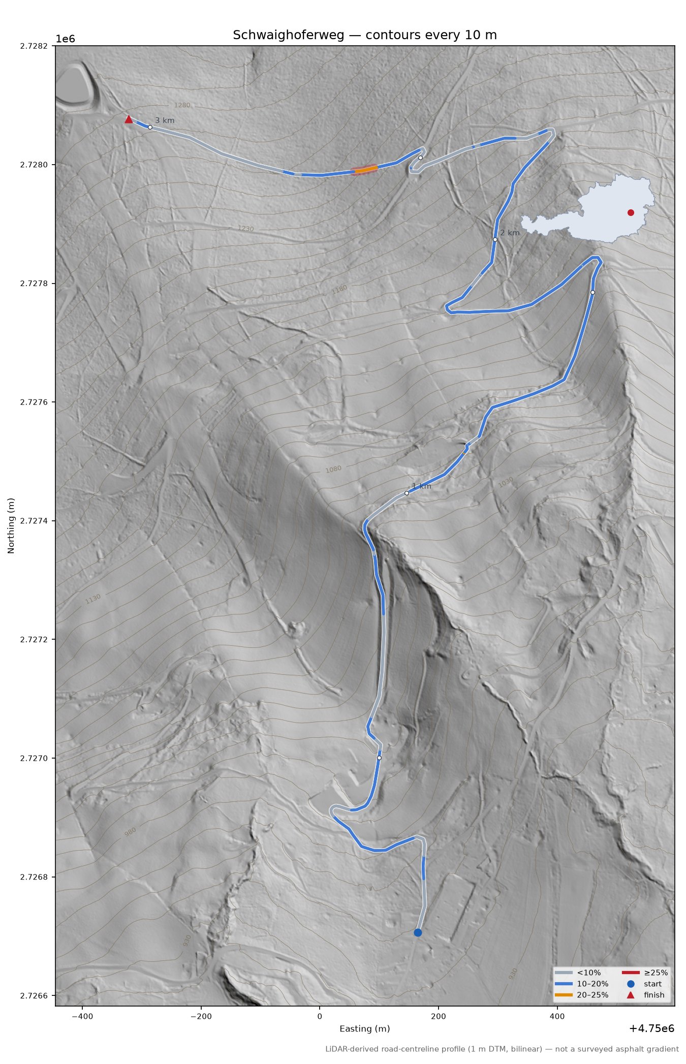 Schwaighoferweg LiDAR hillshade map with contours
