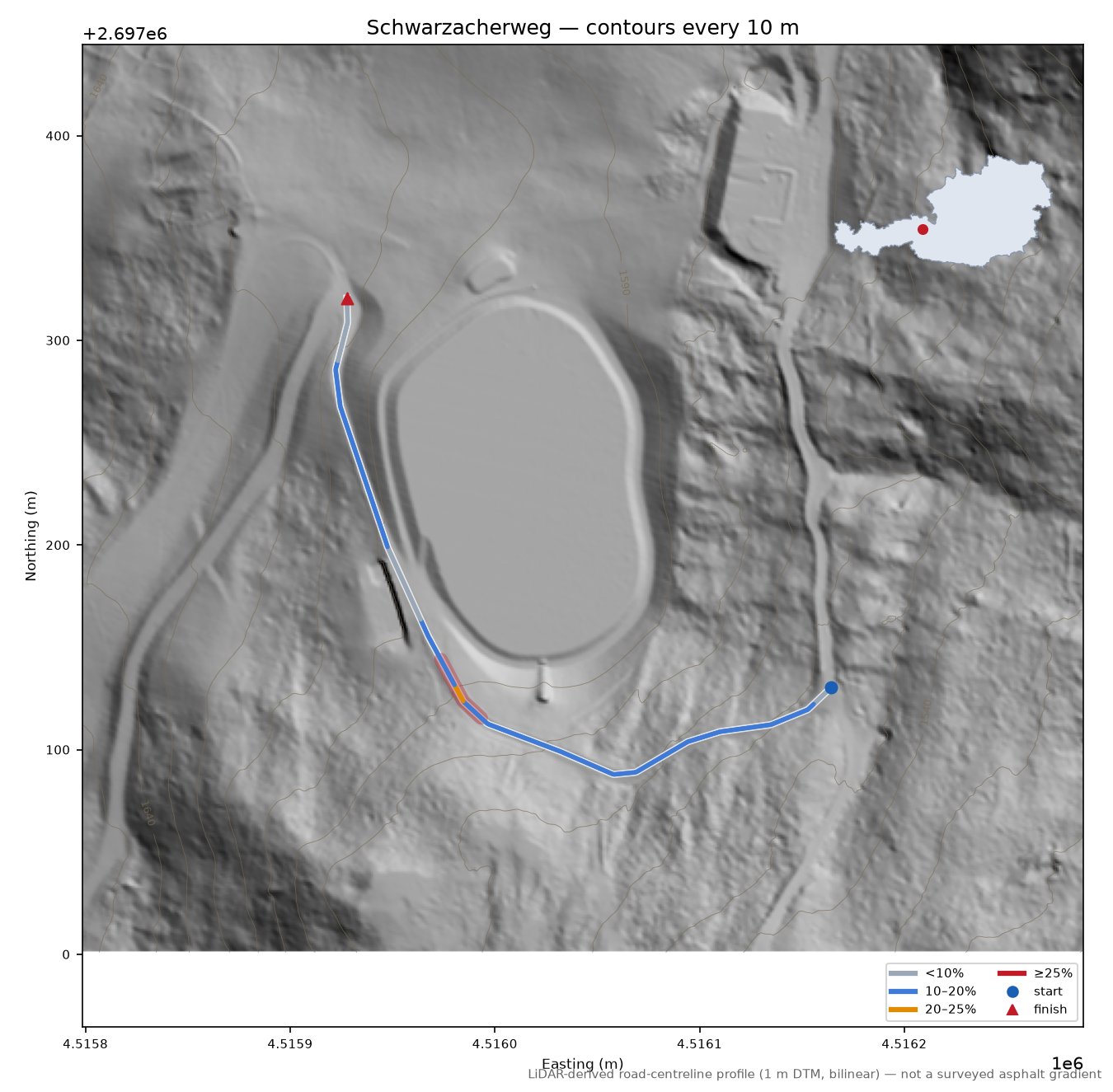 Schwarzacherweg LiDAR hillshade map with contours