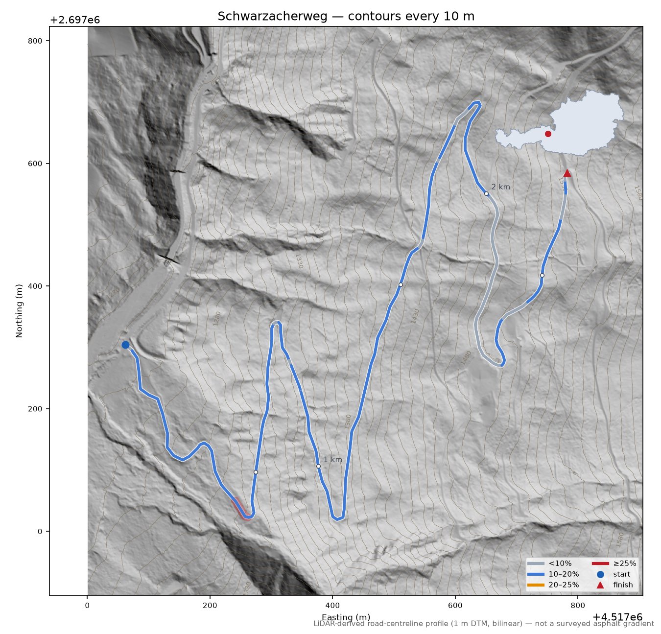 Schwarzacherweg LiDAR hillshade map with contours