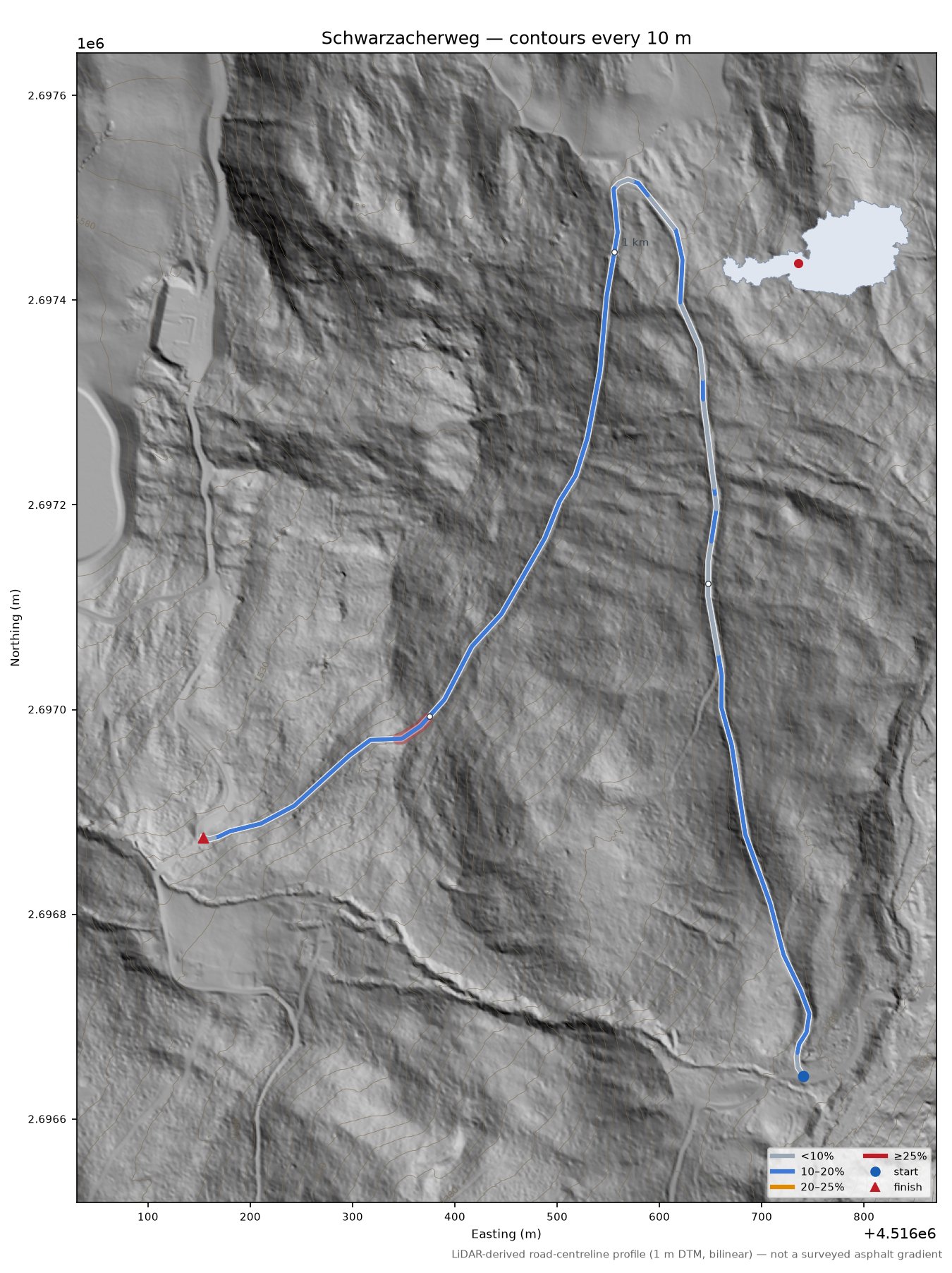 Schwarzacherweg LiDAR hillshade map with contours