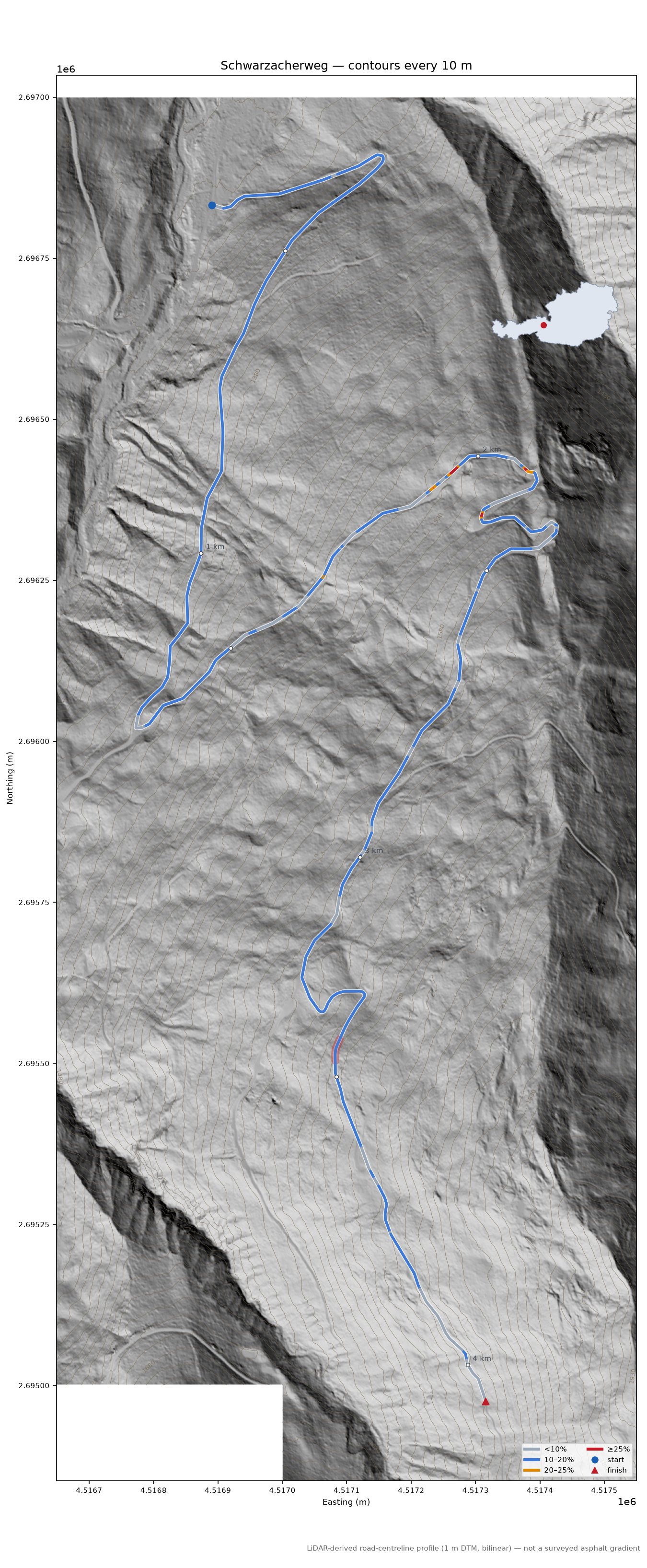 Schwarzacherweg LiDAR hillshade map with contours