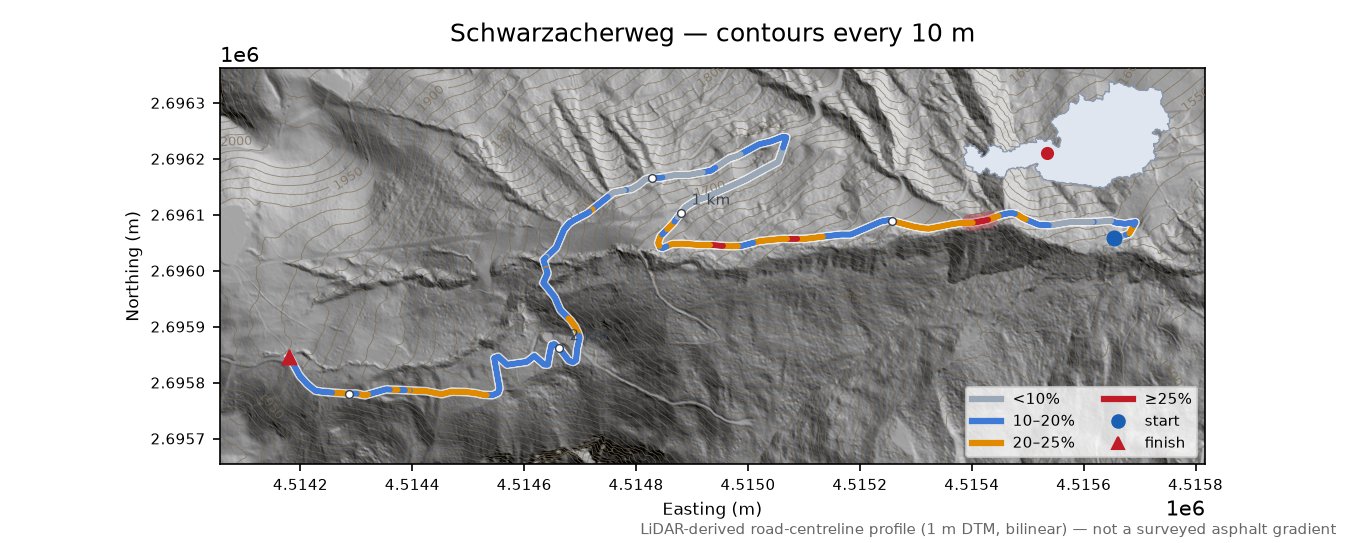 Schwarzacherweg LiDAR hillshade map with contours