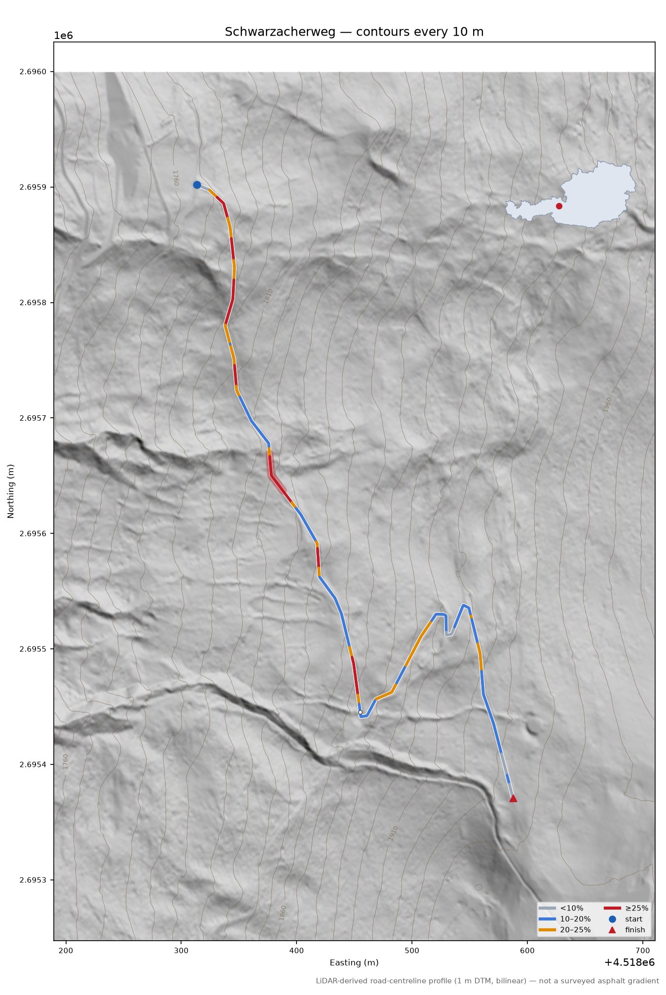 Schwarzacherweg LiDAR hillshade map with contours