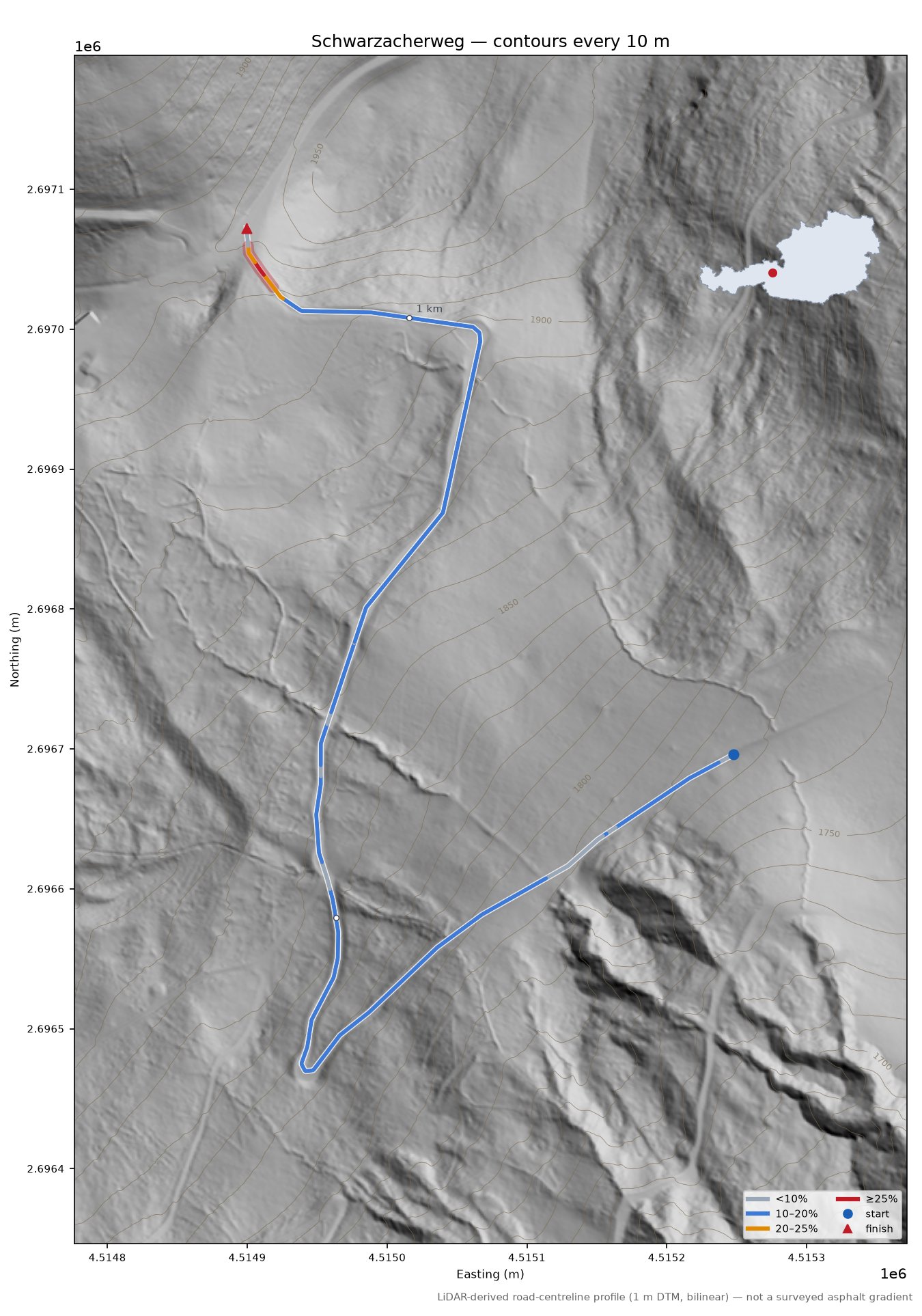 Schwarzacherweg LiDAR hillshade map with contours