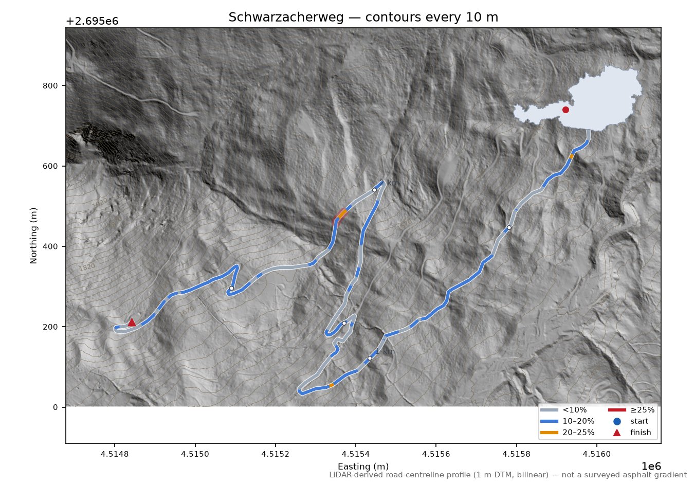 Schwarzacherweg LiDAR hillshade map with contours