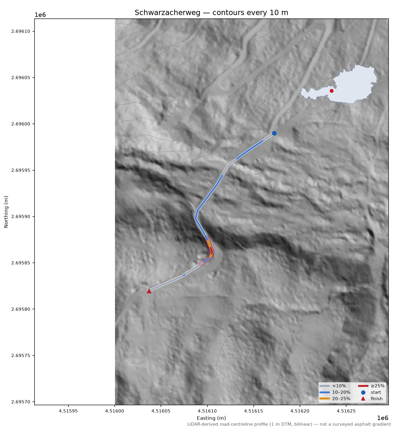 Schwarzacherweg LiDAR hillshade map with contours