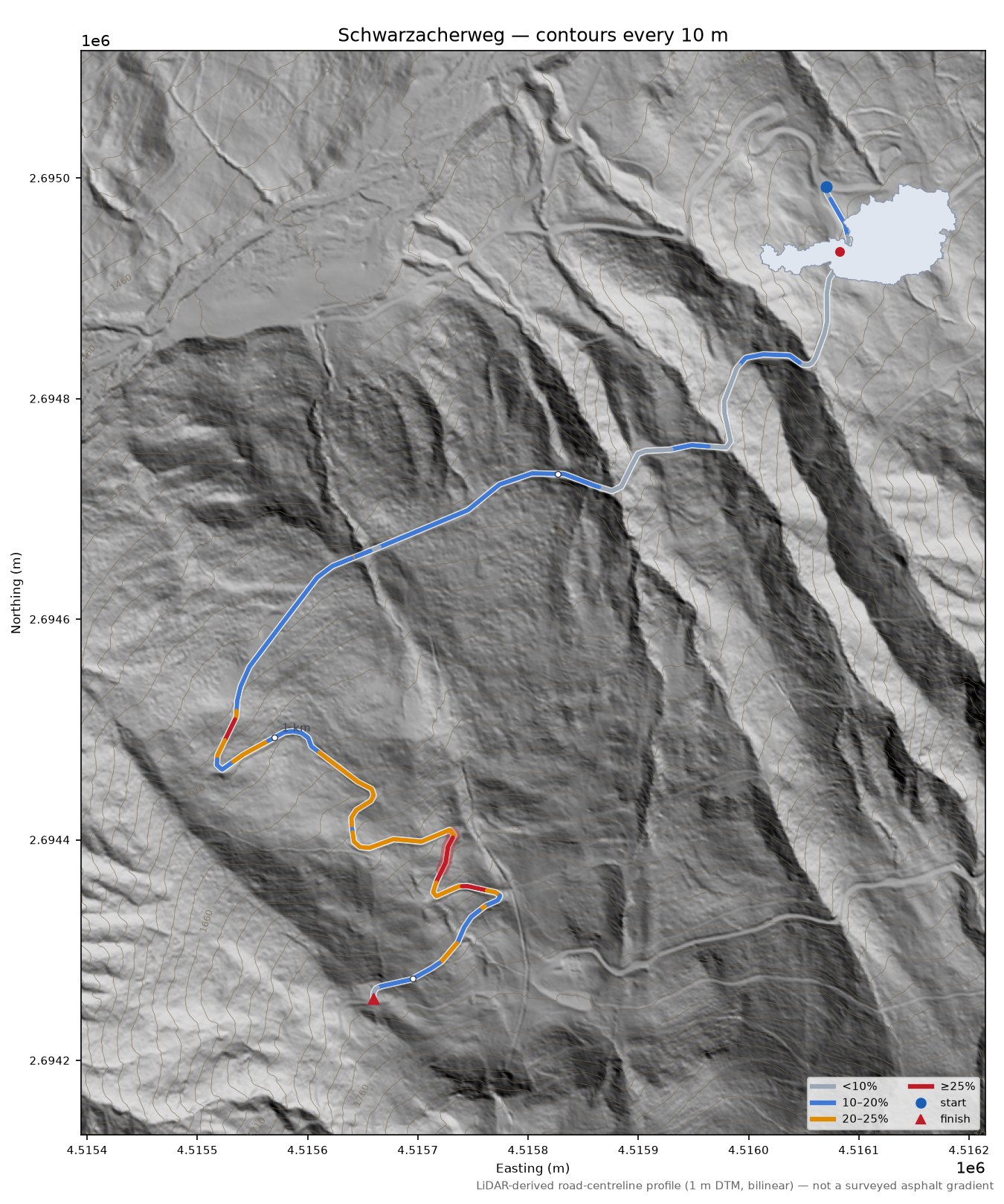 Schwarzacherweg LiDAR hillshade map with contours