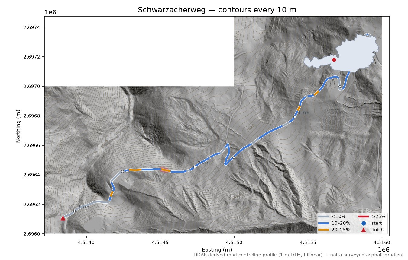 Schwarzacherweg LiDAR hillshade map with contours