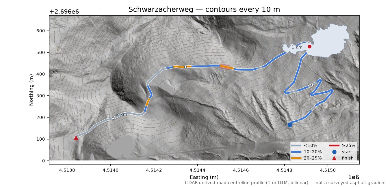 Schwarzacherweg LiDAR hillshade map with contours