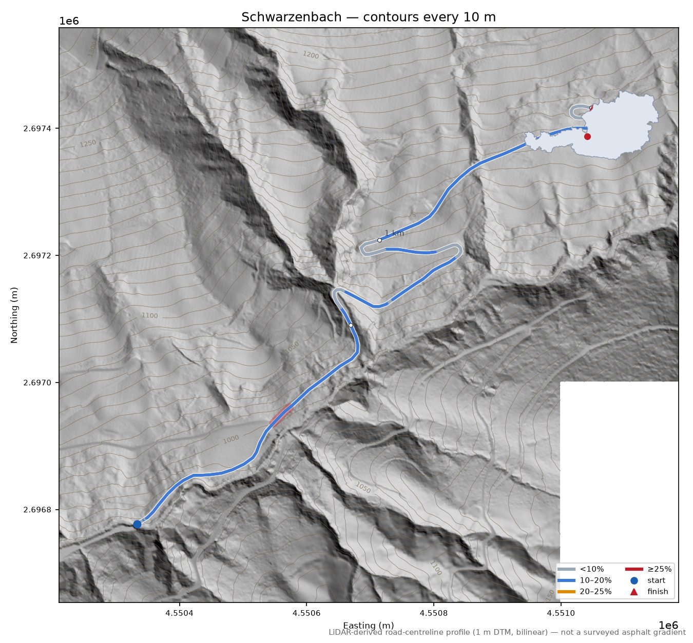 Schwarzenbach LiDAR hillshade map with contours