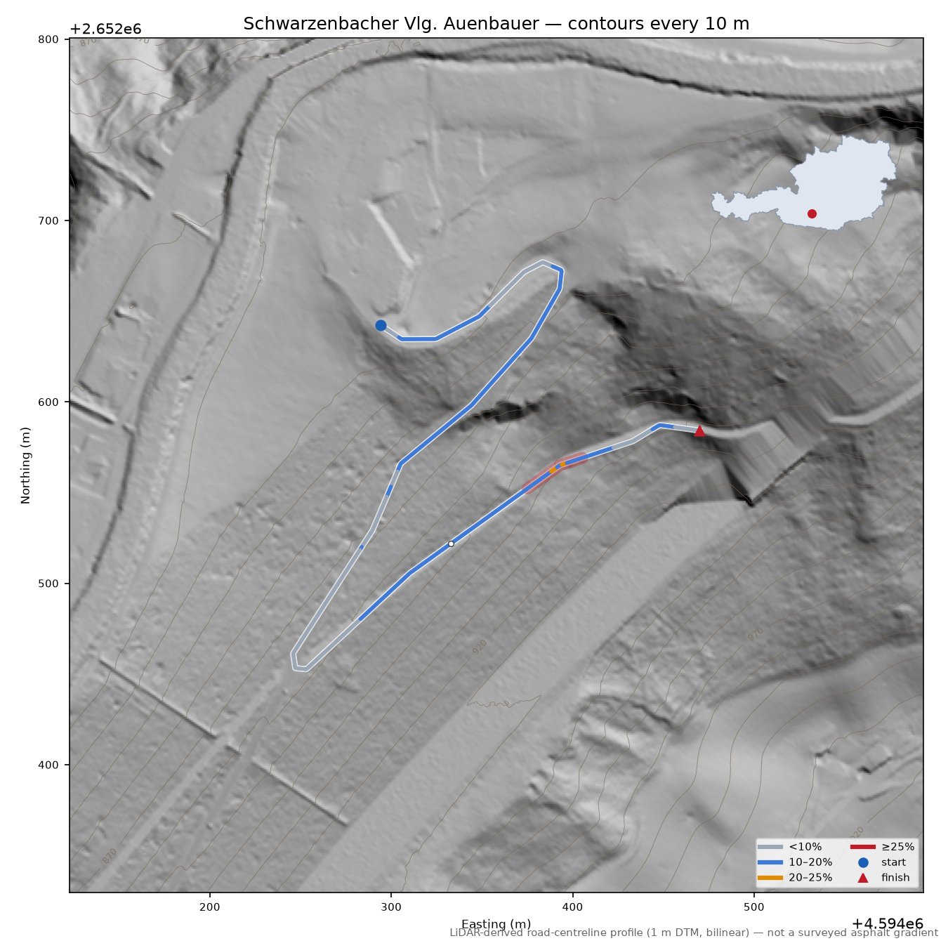 Schwarzenbacher Vlg. Auenbauer LiDAR hillshade map with contours