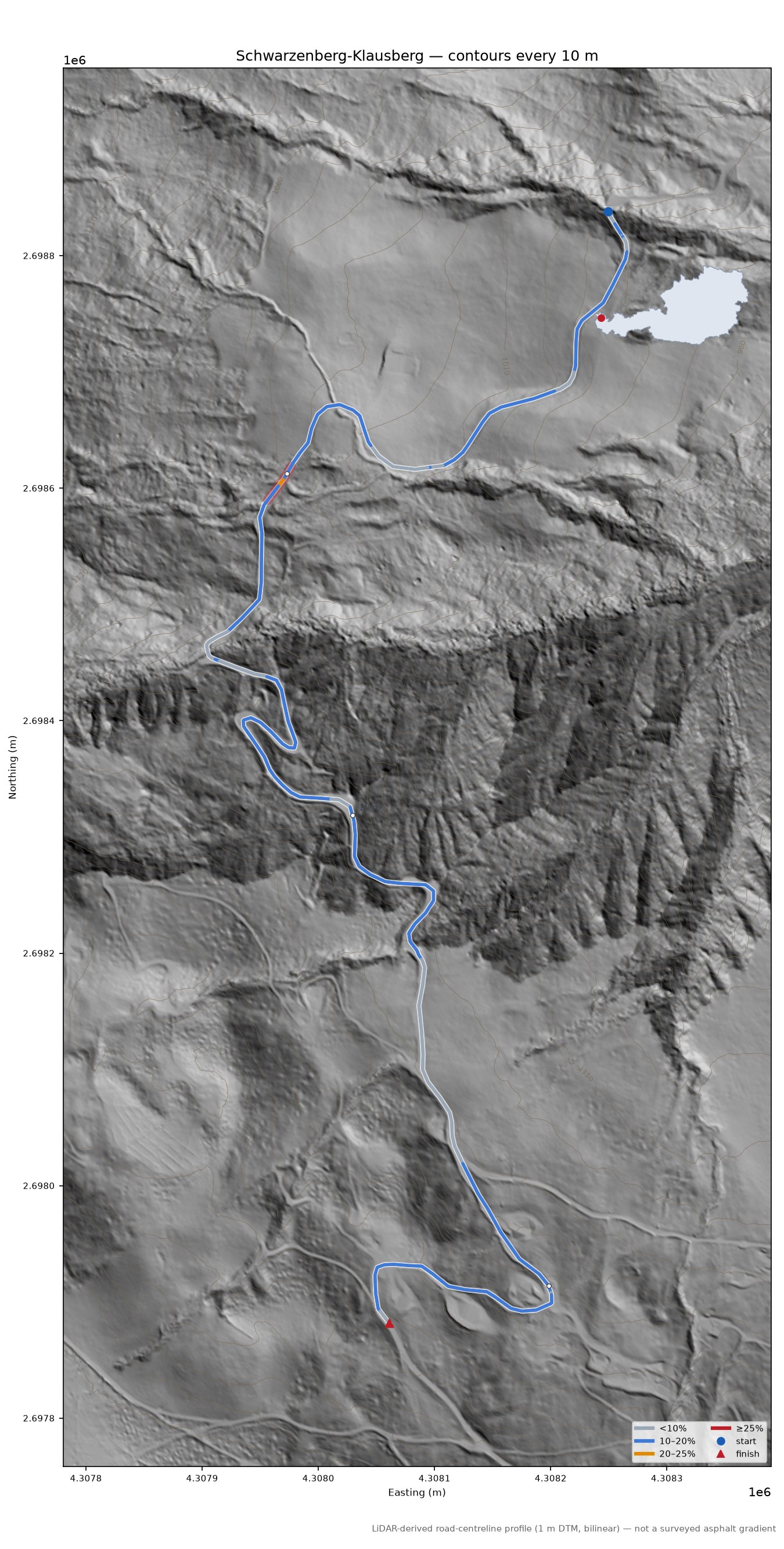 Schwarzenberg-Klausberg LiDAR hillshade map with contours