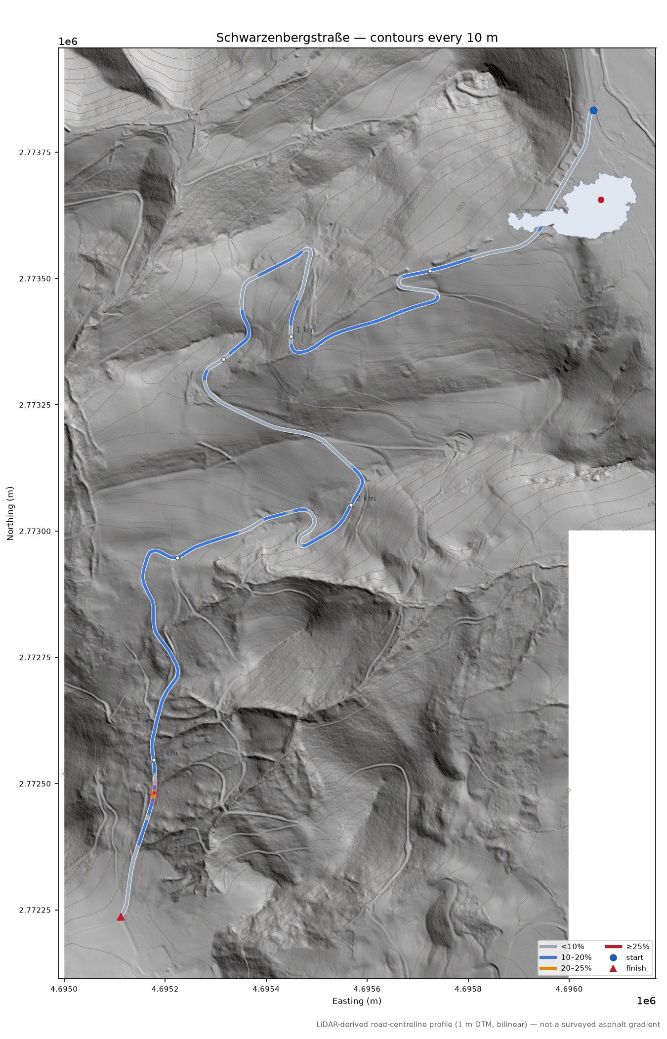 Schwarzenbergstraße LiDAR hillshade map with contours