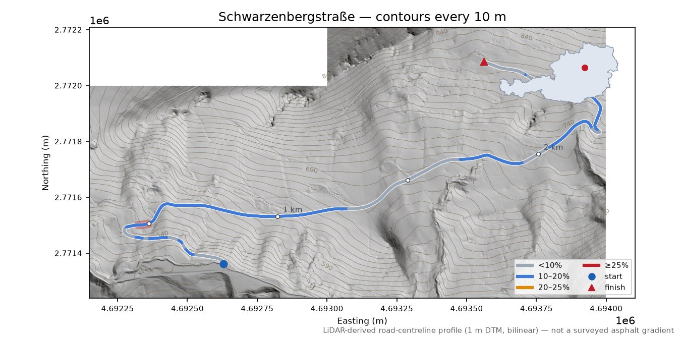Schwarzenbergstraße LiDAR hillshade map with contours