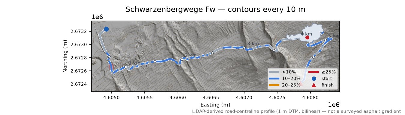 Schwarzenbergwege Fw LiDAR hillshade map with contours