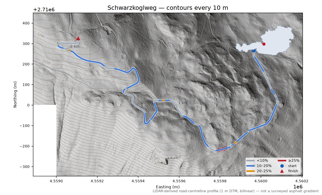 Schwarzkoglweg LiDAR hillshade map with contours