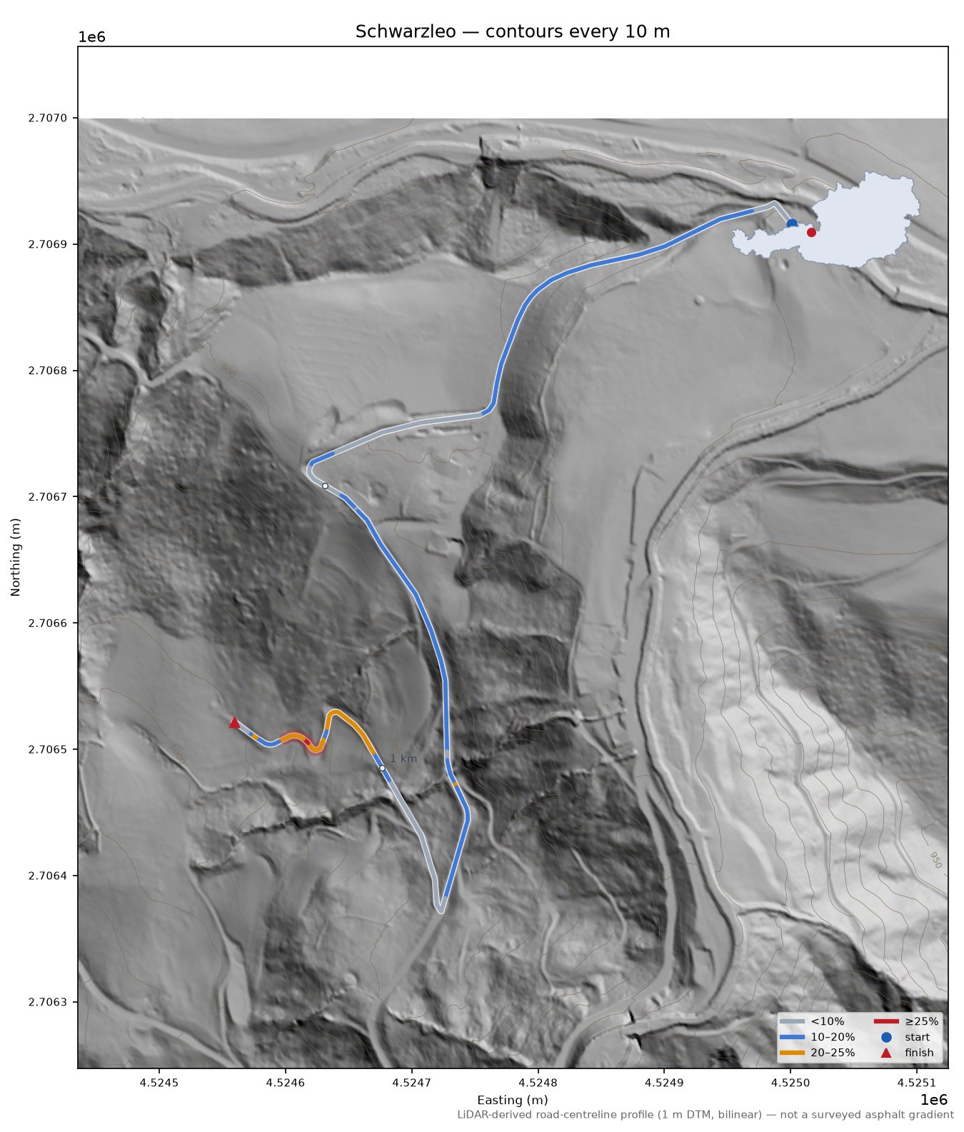 Schwarzleo LiDAR hillshade map with contours