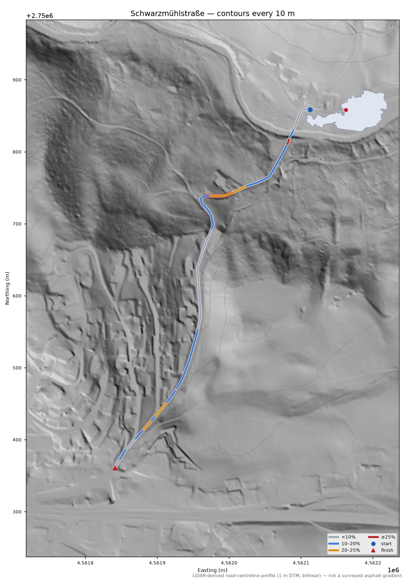 Schwarzmühlstraße LiDAR hillshade map with contours