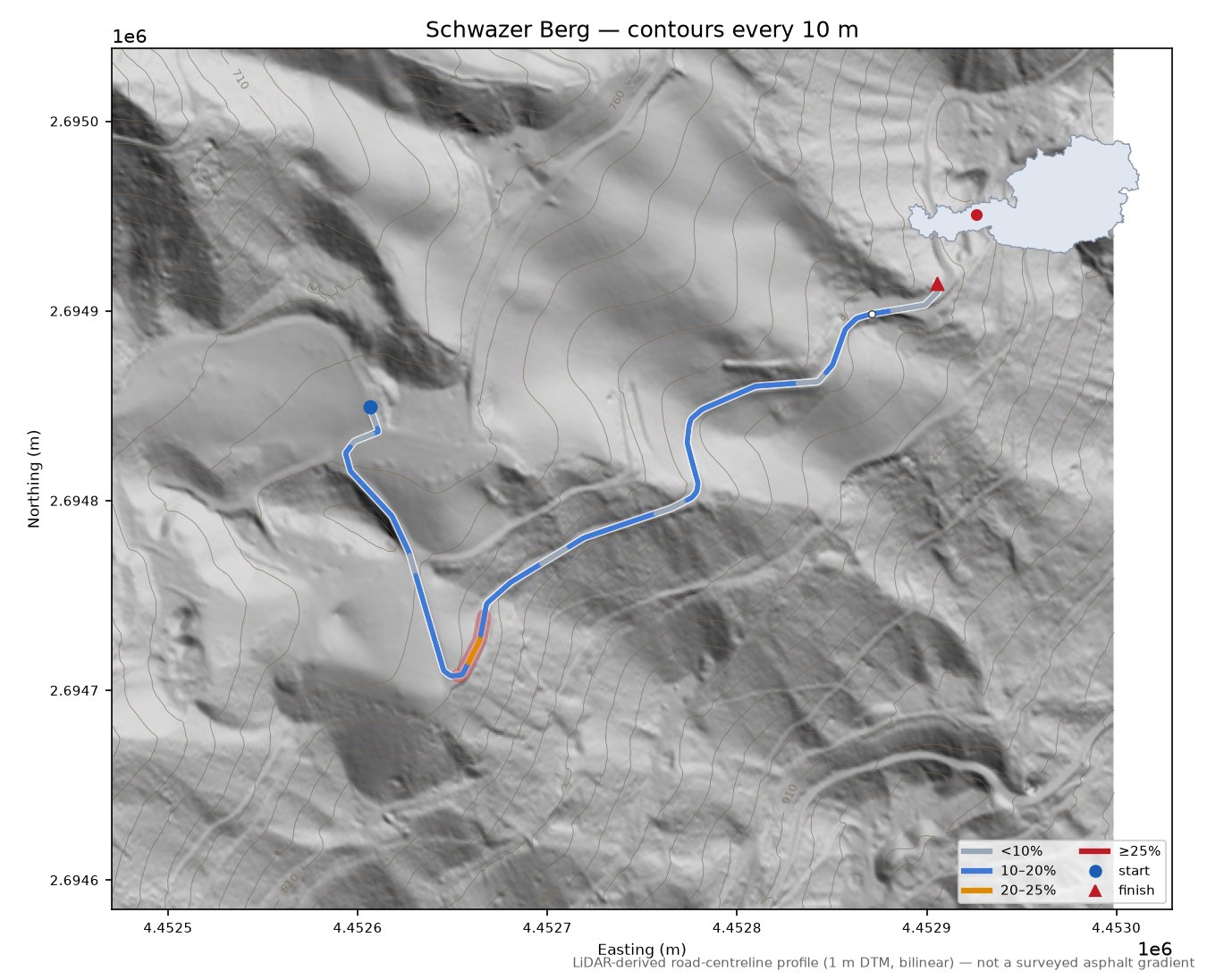 Schwazer Berg LiDAR hillshade map with contours