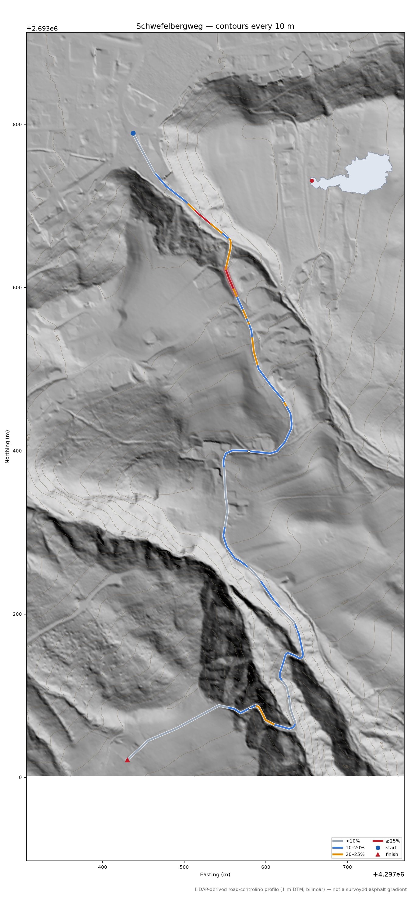 Schwefelbergweg LiDAR hillshade map with contours