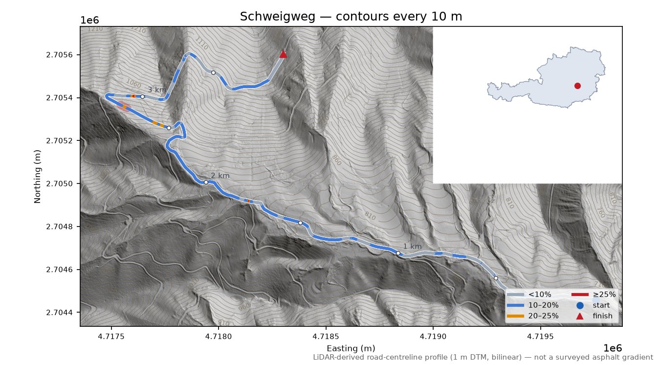Schweigweg LiDAR hillshade map with contours
