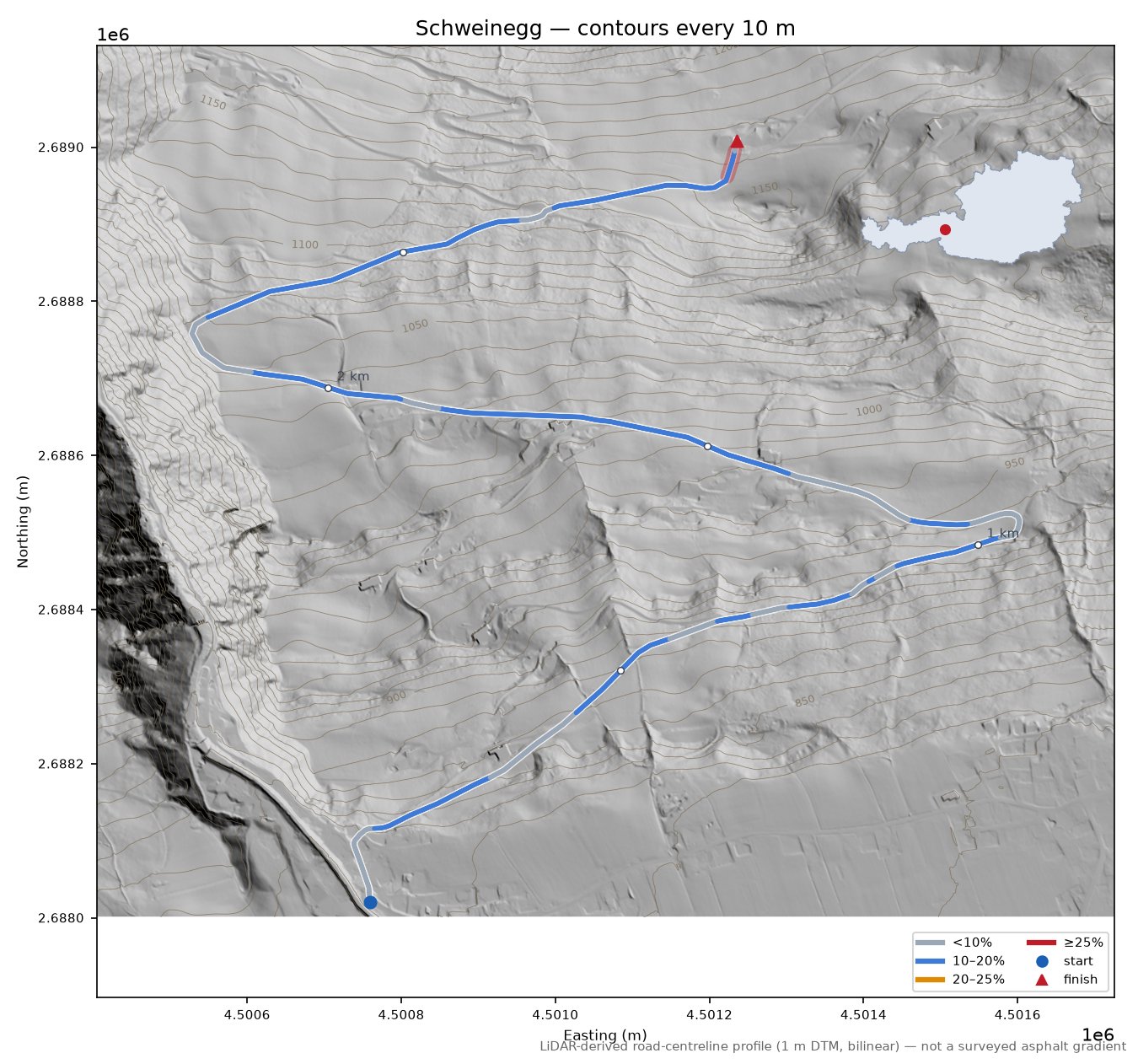Schweinegg LiDAR hillshade map with contours