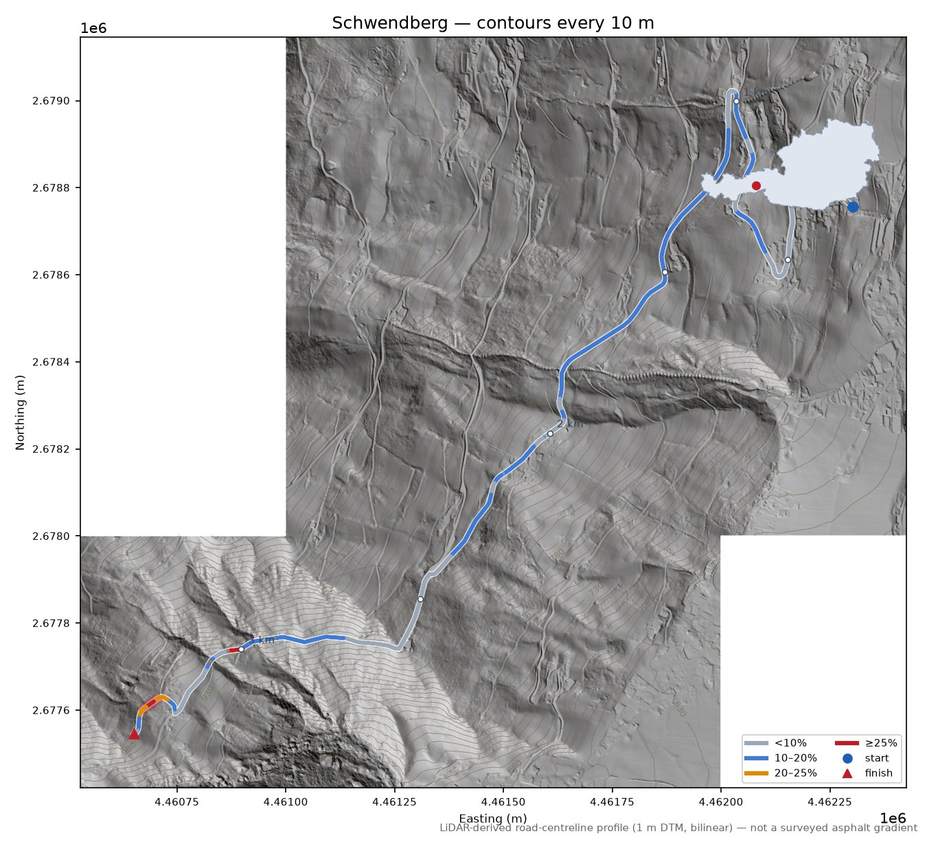 Schwendberg LiDAR hillshade map with contours