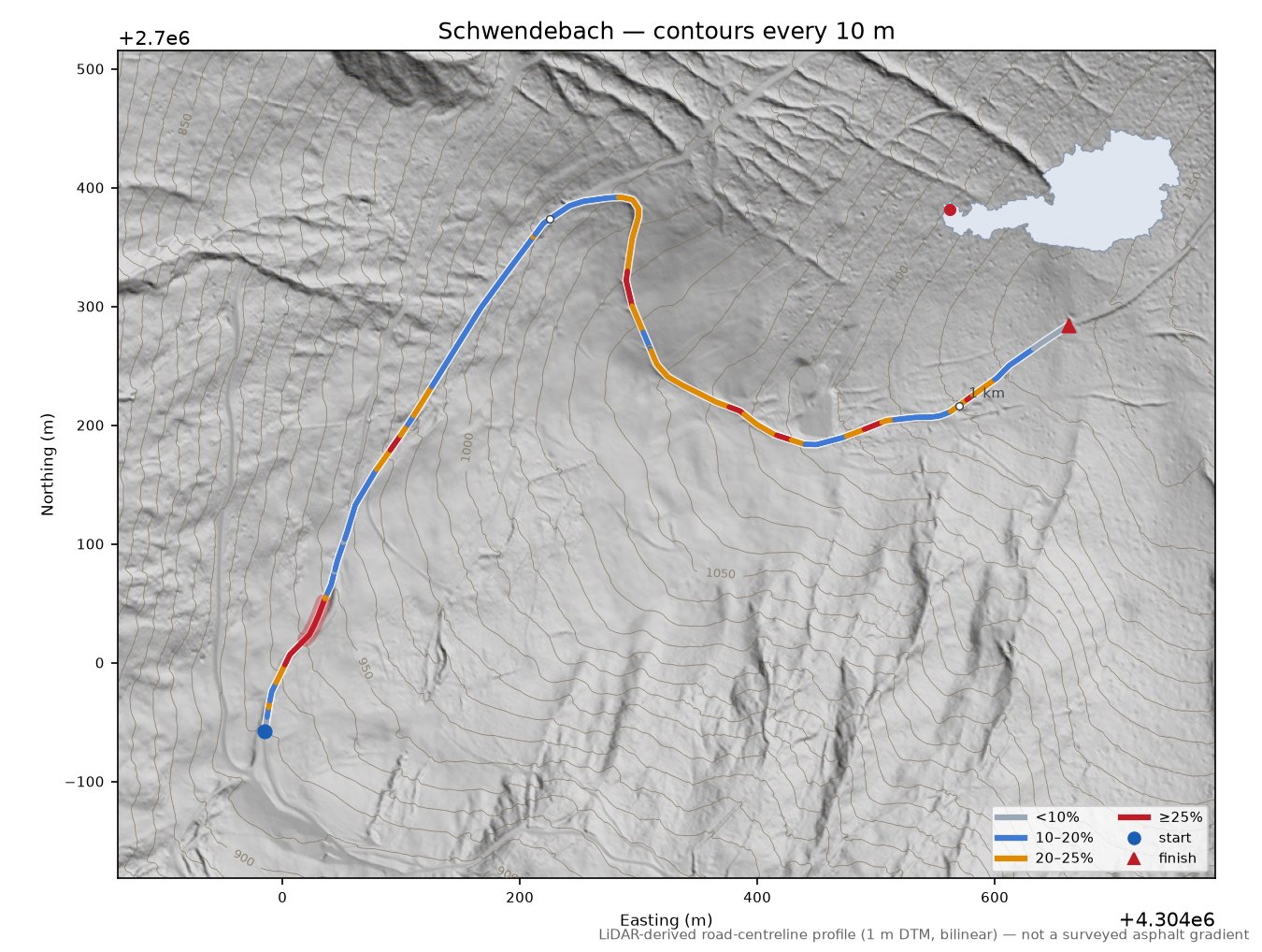 Schwendebach LiDAR hillshade map with contours