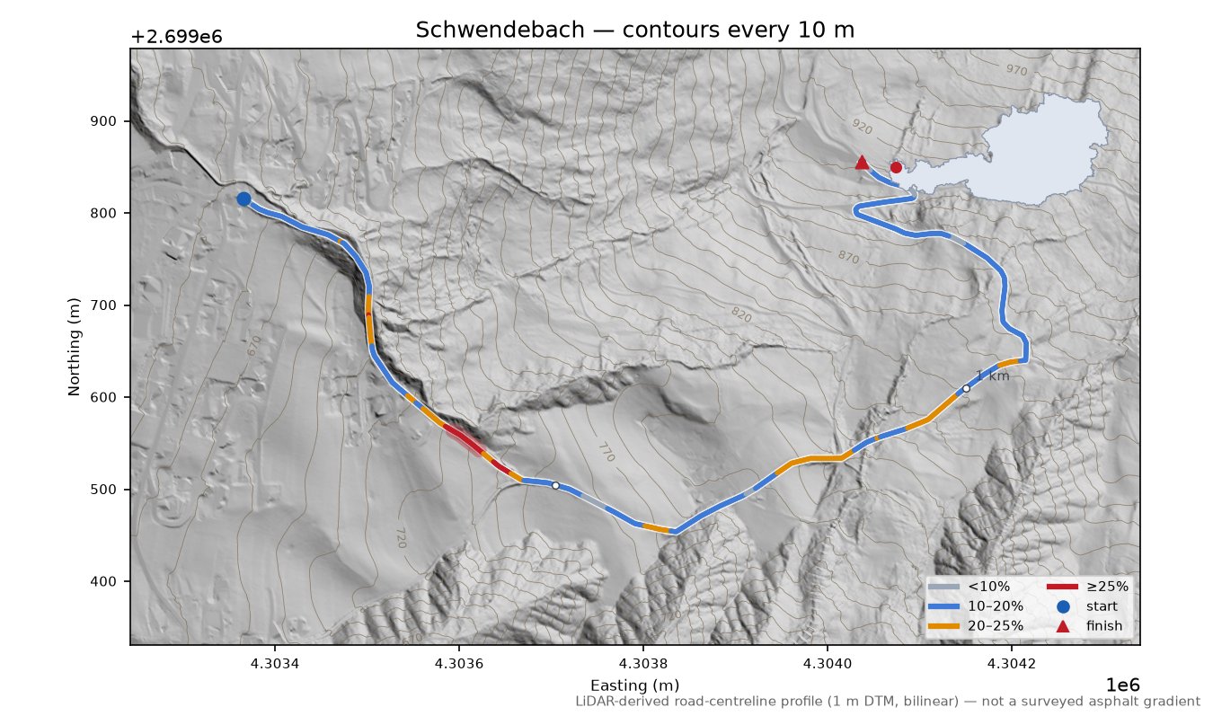 Schwendebach LiDAR hillshade map with contours