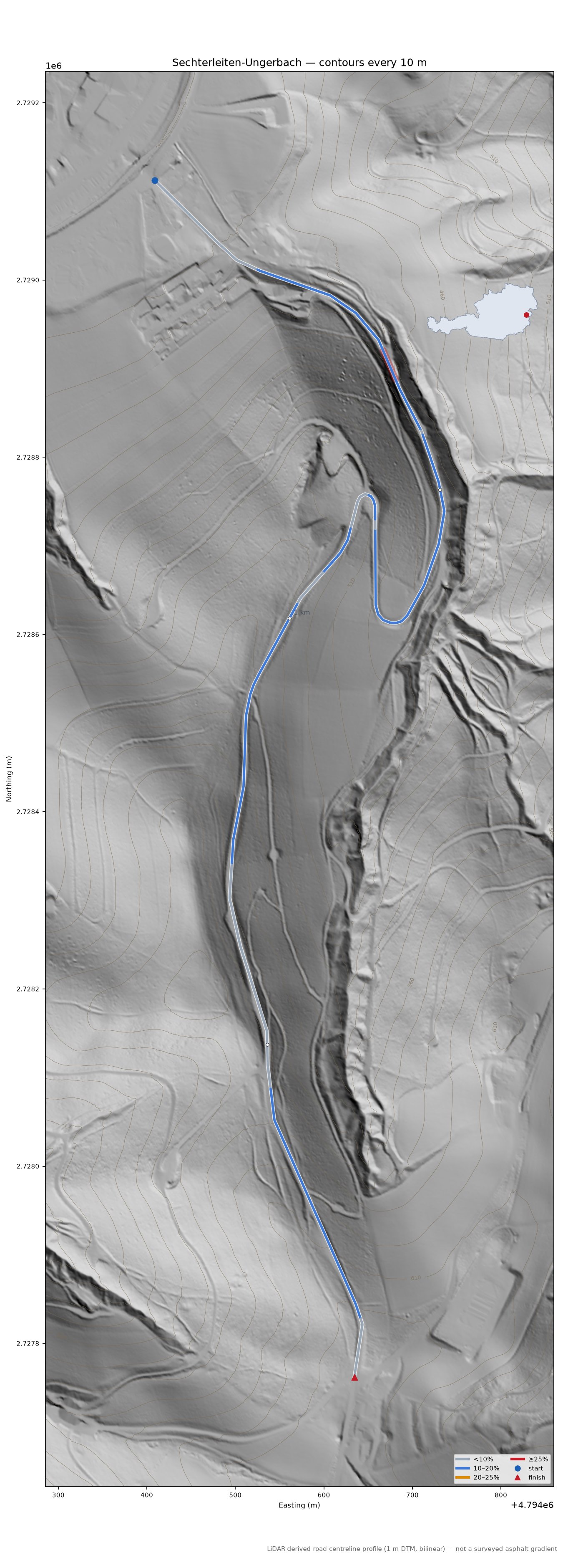 Sechterleiten-Ungerbach LiDAR hillshade map with contours