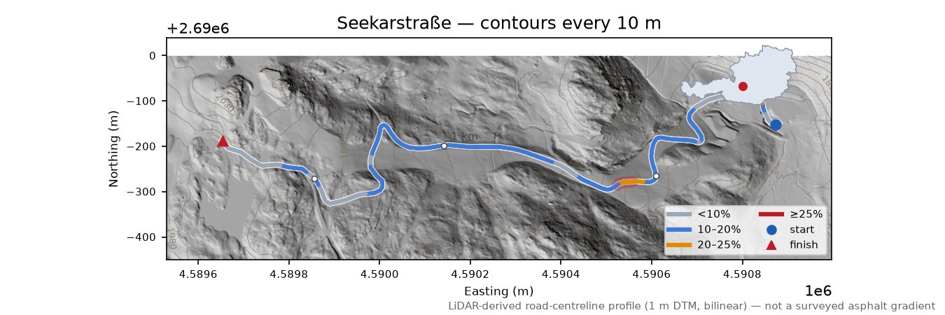 Seekarstraße LiDAR hillshade map with contours